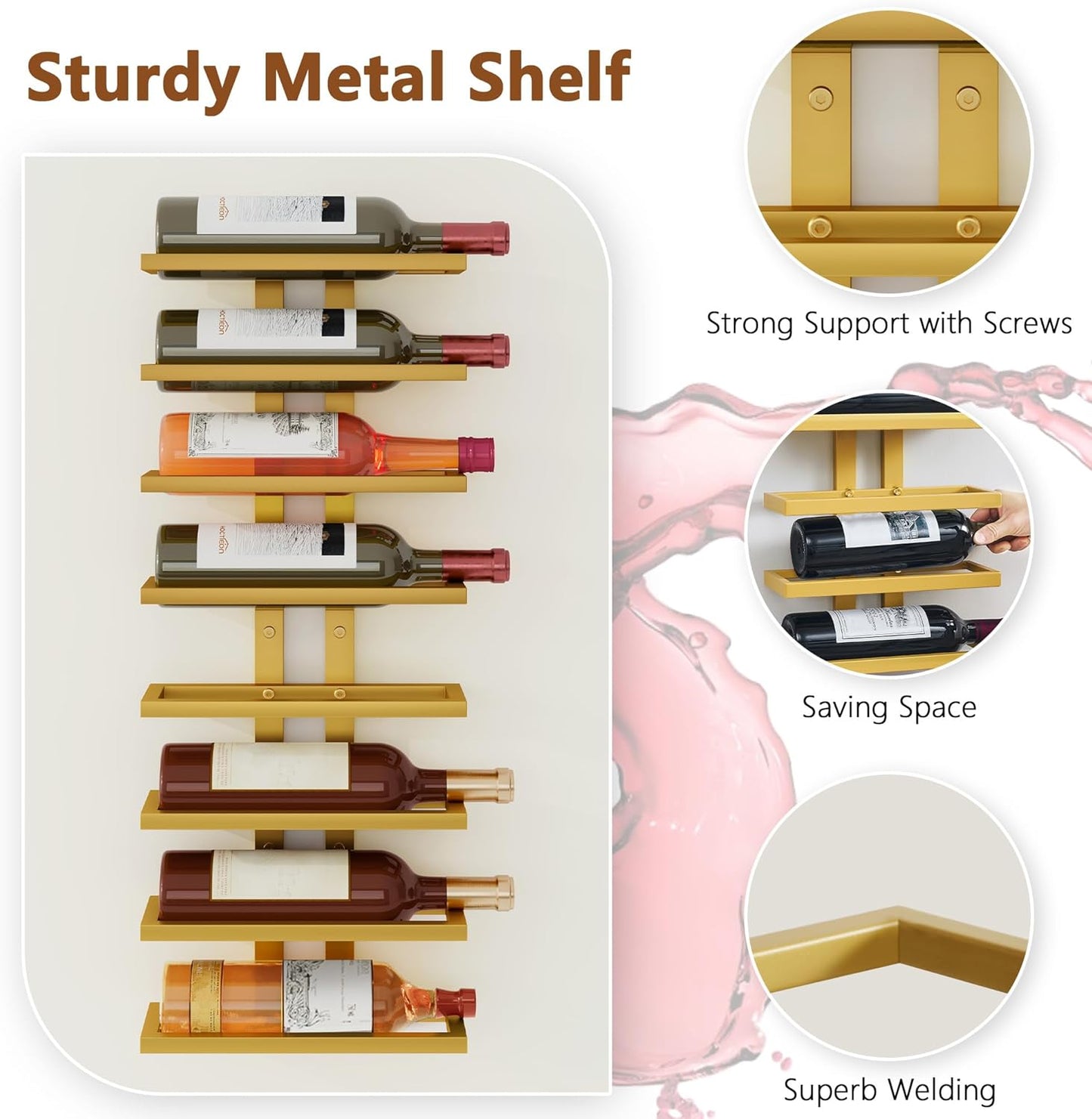 Hoctieon 8 Tier Wall Mount Wine Rack, Wall Racks for Wine Bottles Display and Storage, Hanging Bottle Organizer for Living Room, Dining Room, Wine Cellar, Bar, Gold