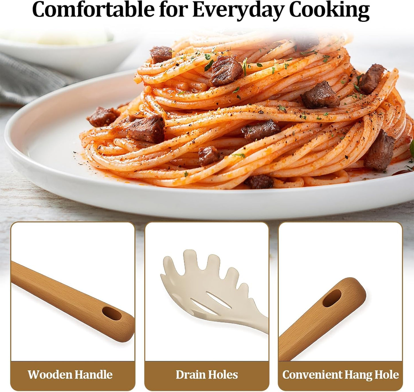 Silicone Pasta Spoon with Teeth Silicone Pasta Fork Wooden Handle Pasta Server & Spaghetti Scoop for Home Chefs, Pasta Enthusiasts