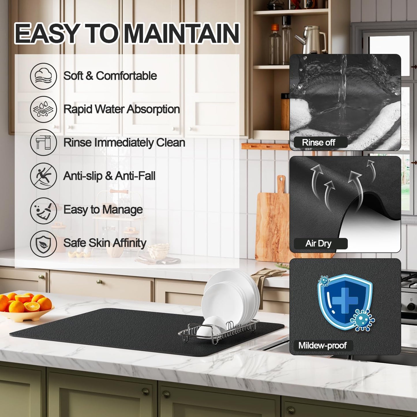 Dish Drying Mat for Kitchen Counter | Coffee Bar Mat for Countertops | Heat Resistant Drainer Mat with Non-slip Rubber Backed | Hide Stain Kitchen Absorbent Draining Mat | Black 16"x24"