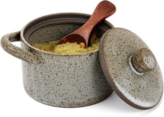 Honeydak Speckled Ceramic Salt Cellar with Lid and Wooden Spoon, Rustic Farmhouse Salt Pepper Cellar Holder for Housewarming Gift, Heavyweight Spices Jar for Kosher, Sea, Sugar