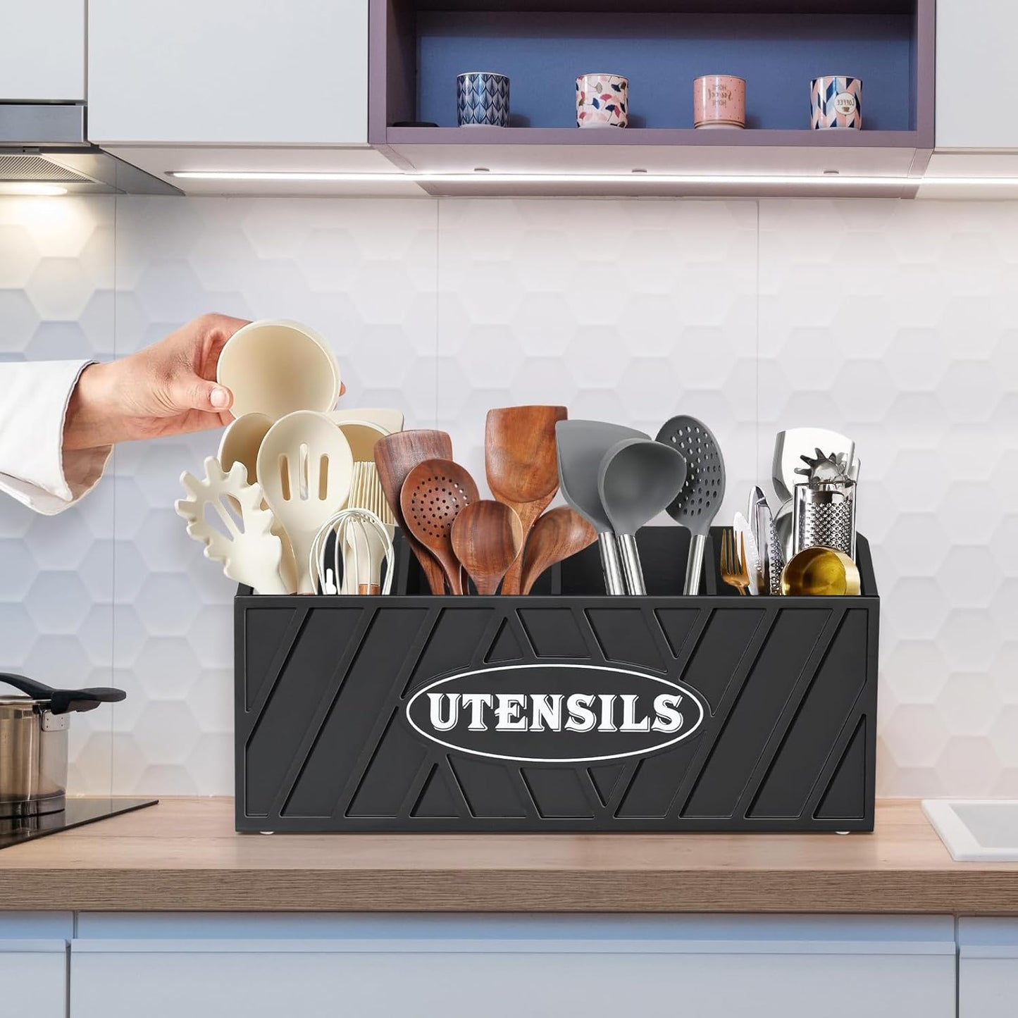 Large Wooden Utensil Holder, Black, 4 Compartments, Countertop or Wall Mount, Kitchen Gadget Organizer