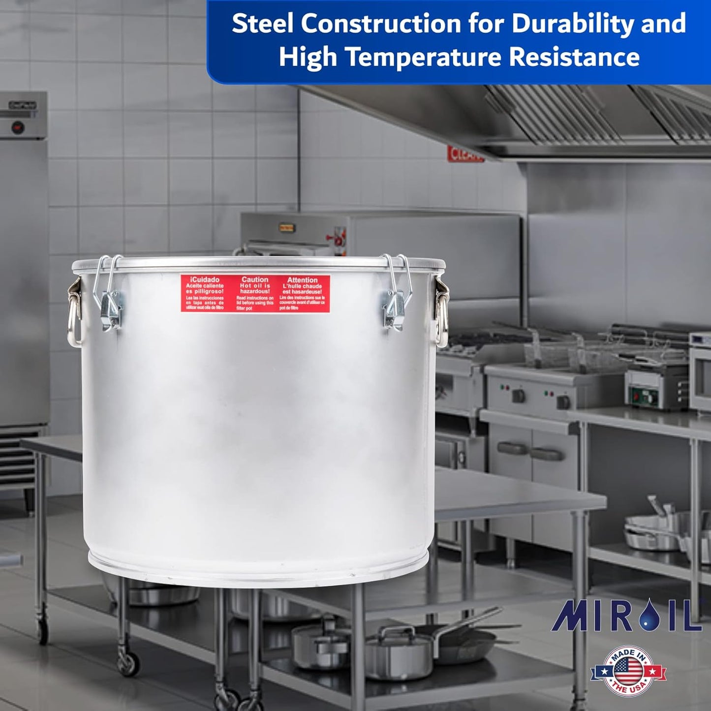 MirOil 5 Gallon Oil Grease Bucket & Filter Pot, USA Made Deep Fryer Grease Bucket Pot with Lid Lock & Lock Clip, 35Lb. Low Profile Container To Fit Under Drain Valves, Filtering Hot Cooking Oil - 40L