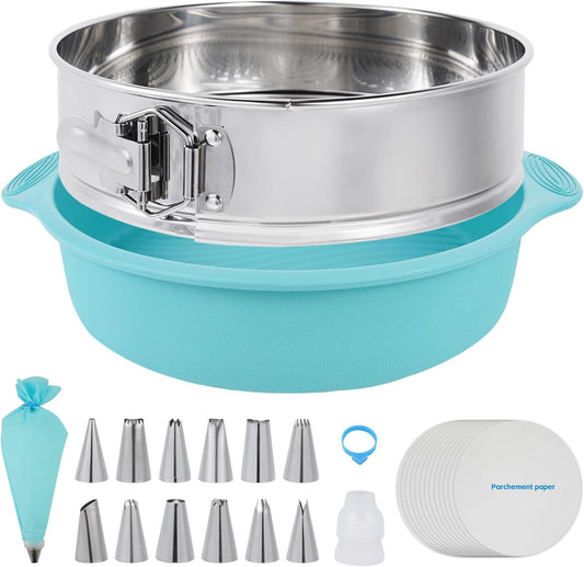 Aufind Springform Cake Pan 9 Inch, 304 Stainless Steel Baking Pan with Removable Bottom, Leakproof Nonstick Design Includes 12 Piping Tips, Silicone Mold and 50 Parchment Papers (9" Cake pan)