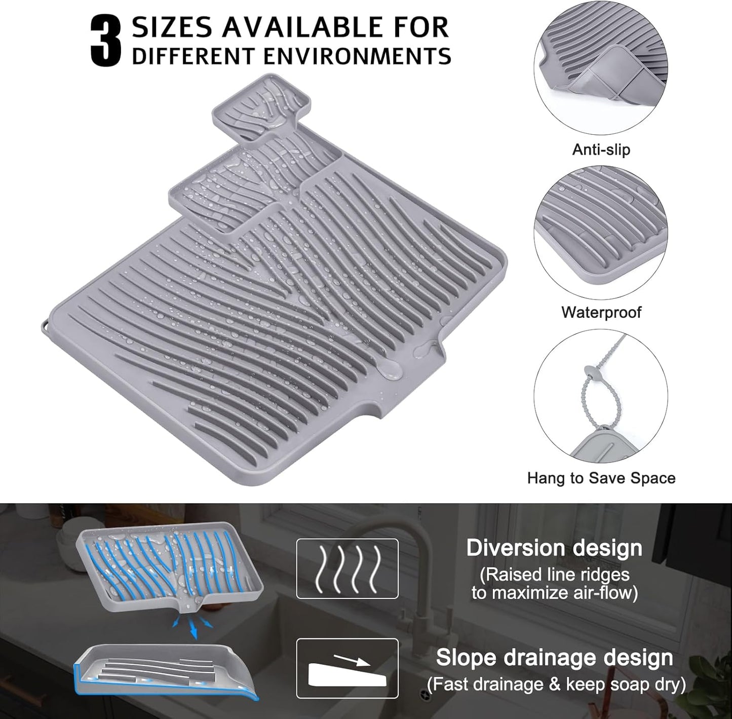 Silicone Dish Drying Mat for Kitchen Counter, Dish Drying Pad, Non-Slip Drain Pad with Built-in Drain, Heat Resistant Stone Drying Mat, 1 set XL(Grey)