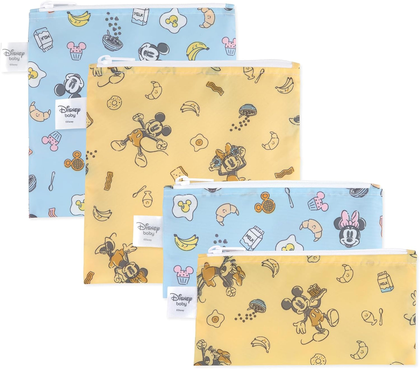 Bumkins Disney Reusable Sandwich and Snack Bags, for Kids School Lunch and for Adults Portion, Washable Fabric, Waterproof Cloth Zip Bag, Travel Pouch, Food-Safe Storage, 4-pack Set Mickey and Minnie