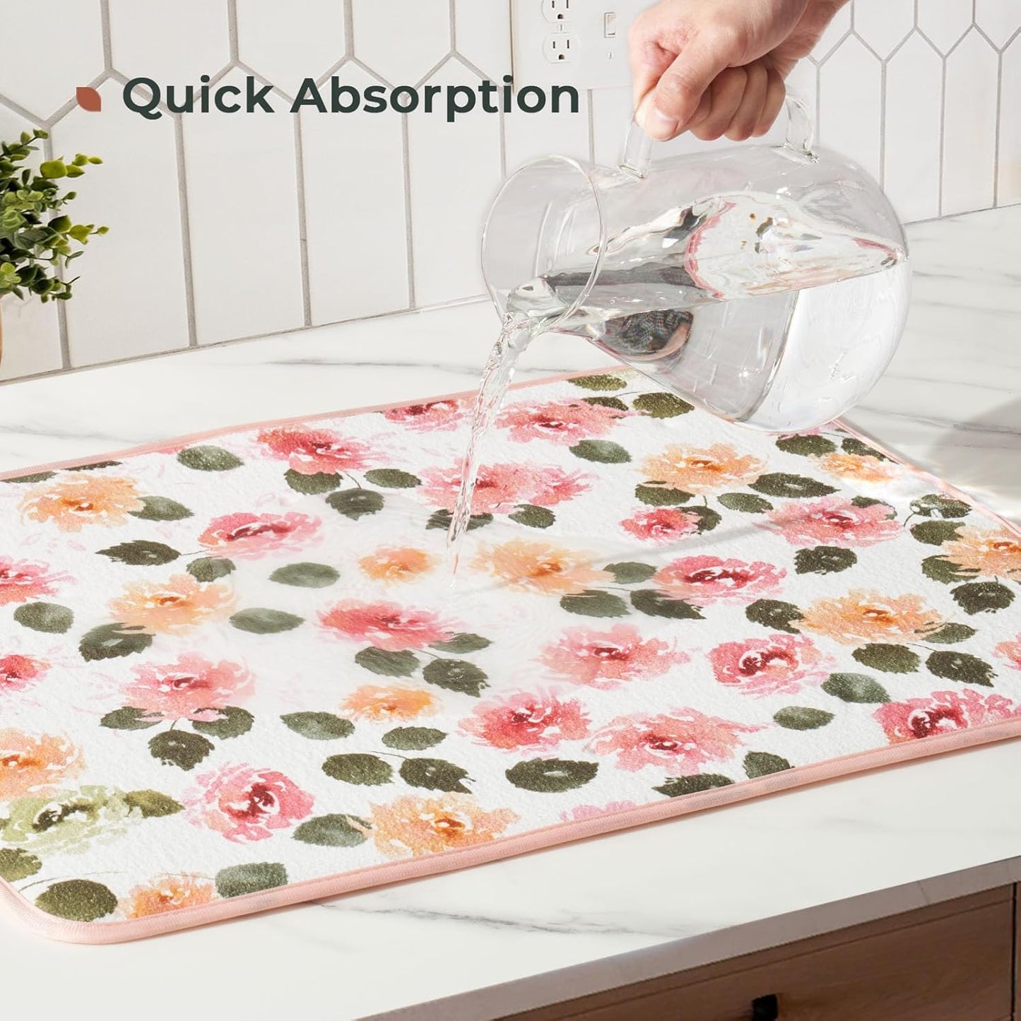 FRESHMINT Printed Dish Drying Mats for Kitchen Counter 2 Pack Absorbent Reversible Drying Mats Microfiber Kitchen Countertop Protector Dishes Drying Pad Extra Large 18"x16" Dish Mat (Floral)