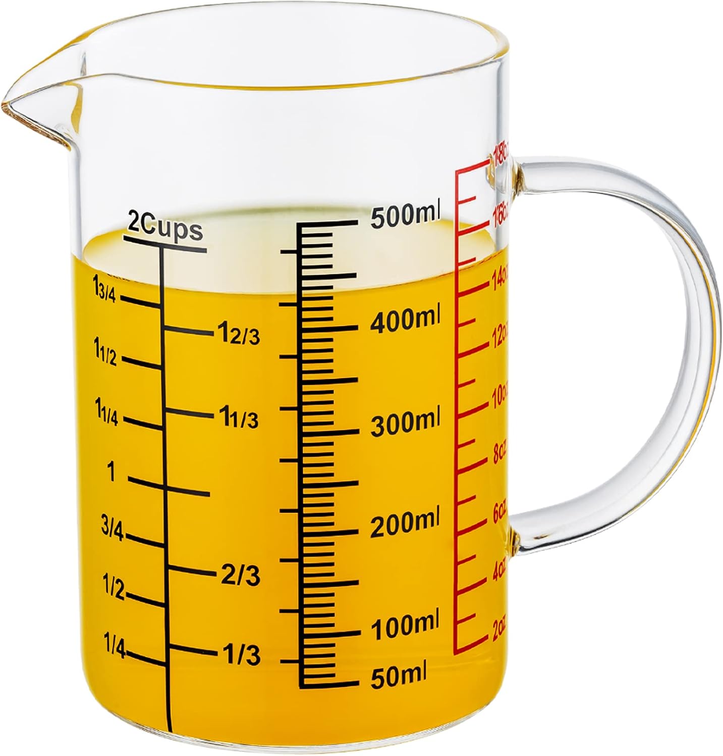 Glass Measuring Cup-[Insulated handle | V-Shaped Spout]-Made of High Borosilicate Glass Measuring Cup for Kitchen or Restaurant, Easy to Read, 500 ML (16 Oz, 2 Cup)