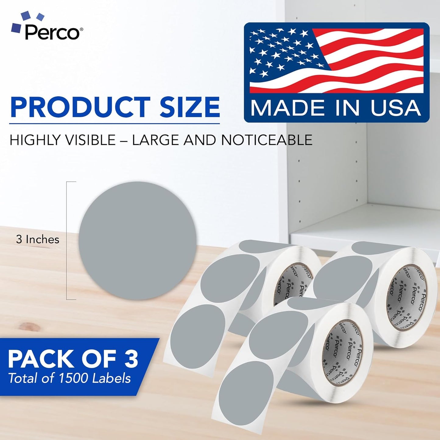 Perco Grey 3-Inch Round Circle Dot Sticker Labels - Multi-Roll Pack (3 Rolls, 500 Labels Each) - Permanent Adhesive, Vibrant Colors, Strong Hold - Perforated for Easy Use - Made in USA