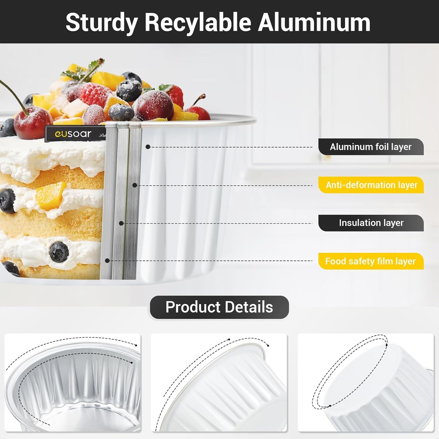 EUSOAR Ramekin Baking Cups, 30pcs 5oz Aluminum Foil Muffin Liners Cupcake Baking Cup with Lids, Mini Pie Pans with Lids, Disposable Foil Baking Cups Containers for Creme Brulee or Cupcake-White