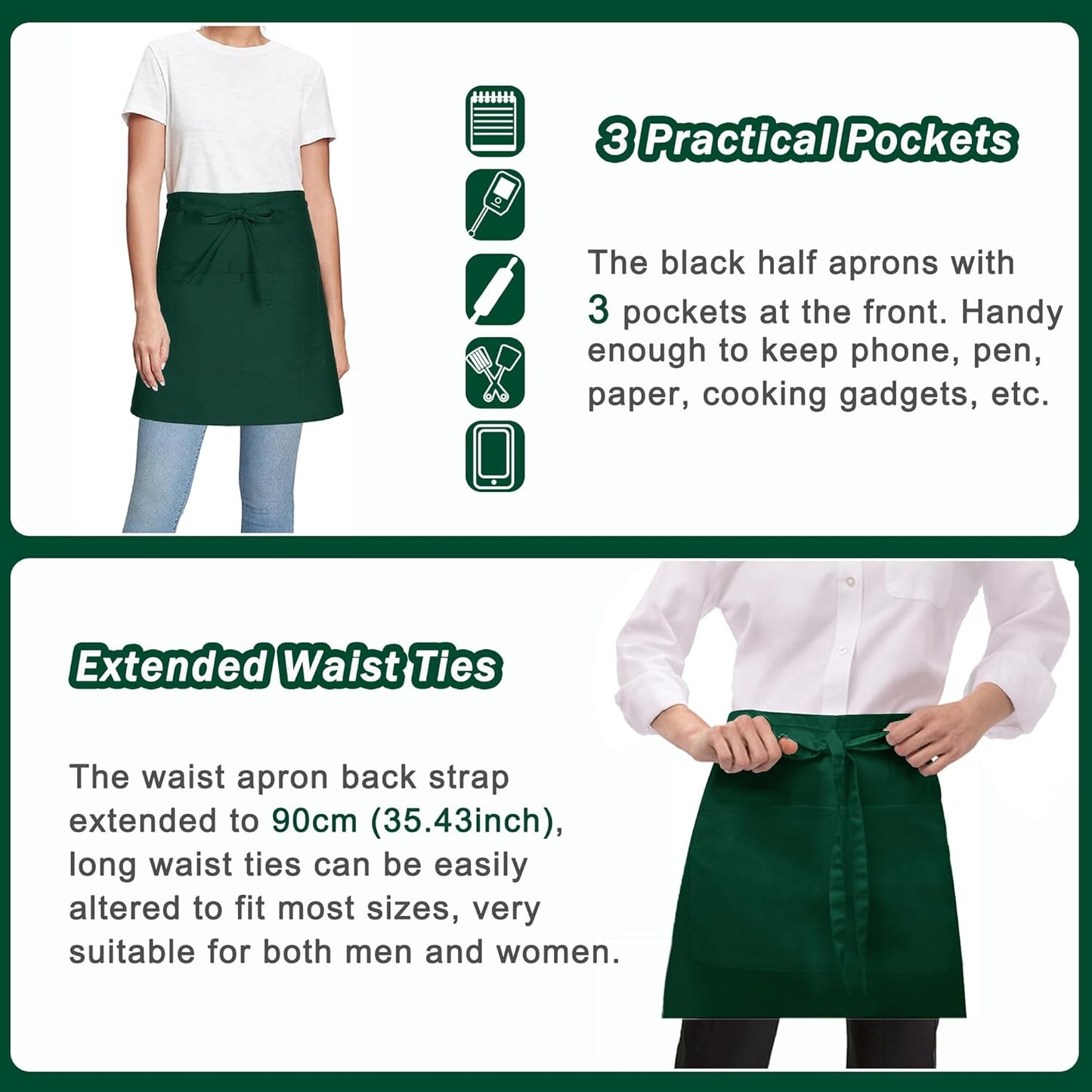 4 Pack Short Server Waitress Chef Apron, Green Waist Aprons with 3 Pockets for Women Men, Half Apron for Waiter Cooking Dishwashing Cleaning Painting Gardening Barbecue (Polycotton - Green)
