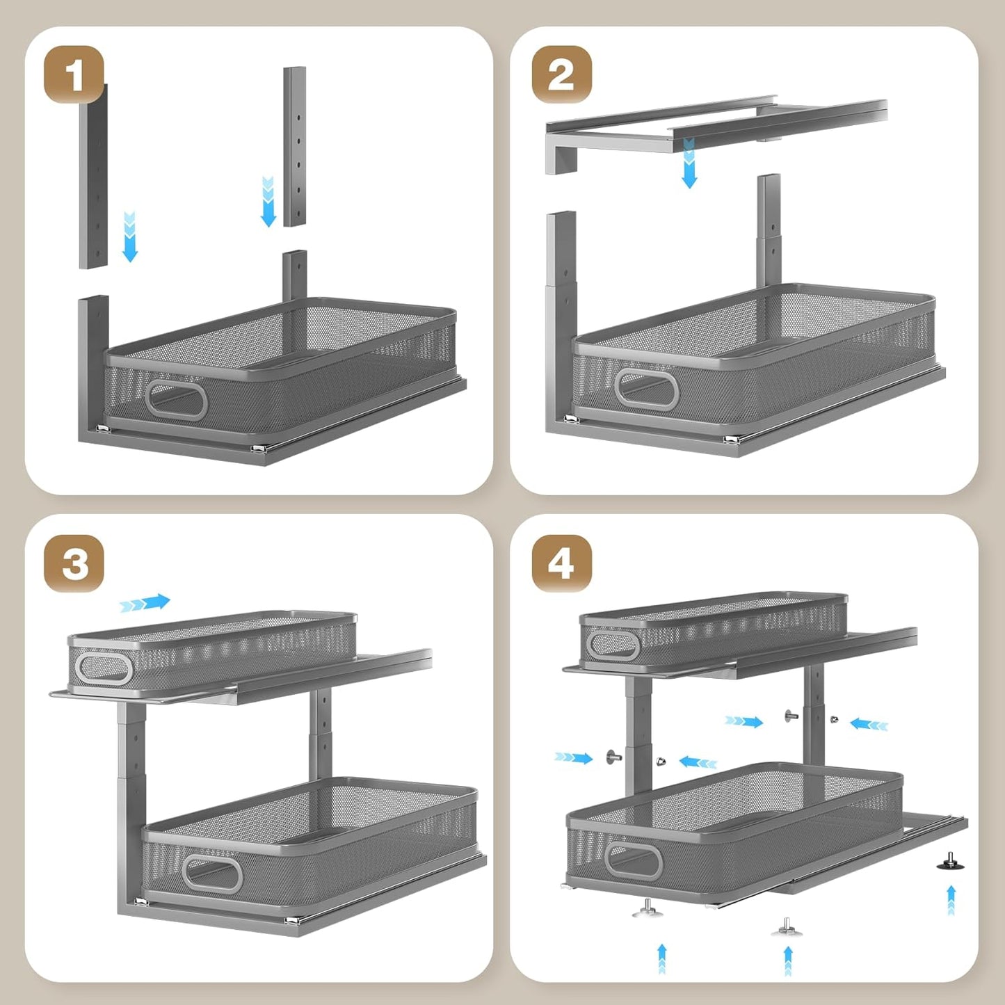 2 Pack 21IN-Depth Under Sink Organizer With Next-Gen Ball-Bearing Slides,2-Tier Precision Mesh Pull Out Cabinet Storage for Bathroom&Kitchen,Height Adjustable Drawers Shelf,Anti-rust-Grey