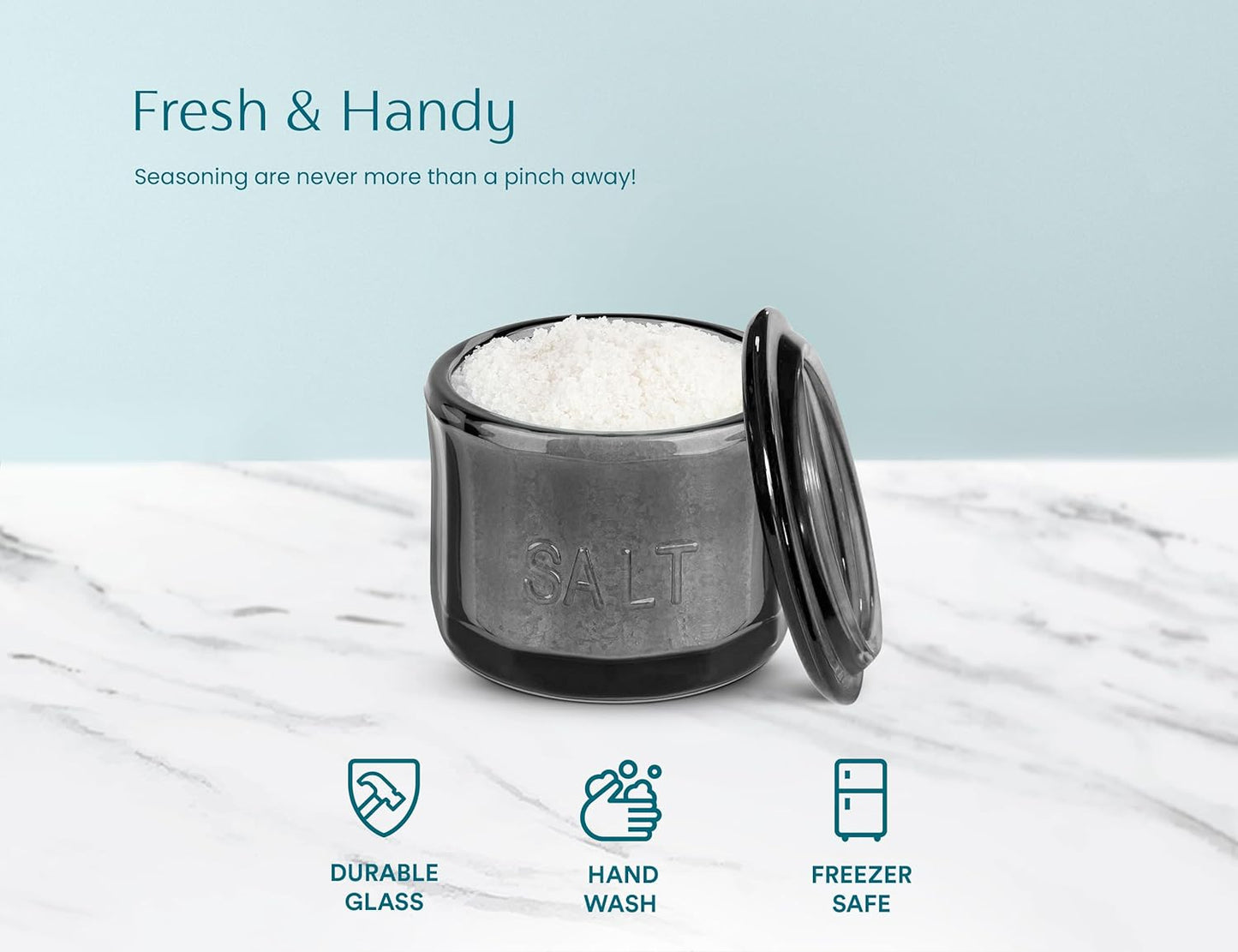 KooK Glass Salt Cellar, with Lid, Embossed Pressed Glass, Clear Storage Container, for Coffee, Sugar, Spices and Candies, 10 oz (Black)