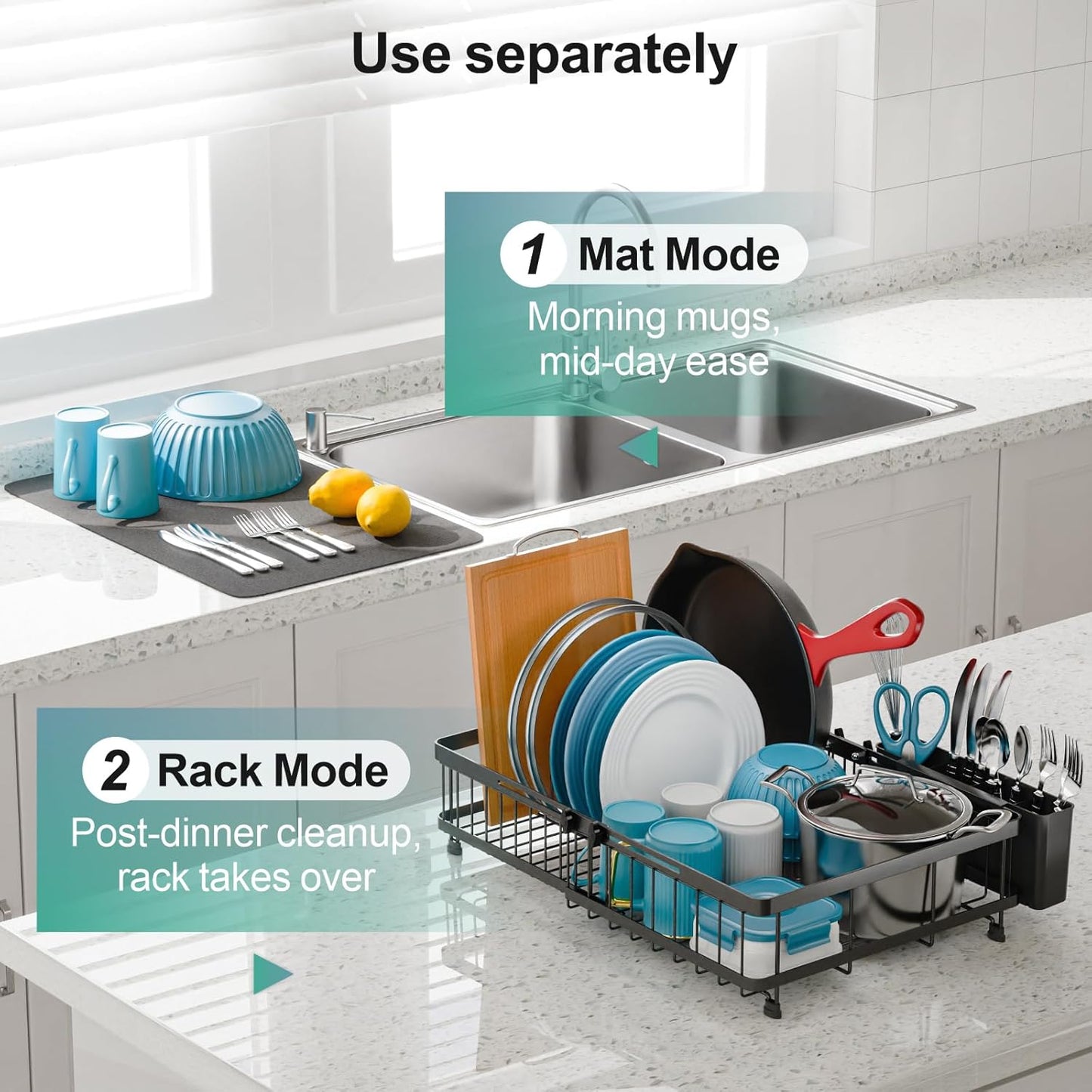 GSlife Large Dish Drying Rack - Full Size Expandable Dish Racks for Kitchen Counter, Rust Resistant Dish Drainer with Absorbent Drying Mat Cutlery Holder, 16.5"-21.3" L x 14.7" W, Black
