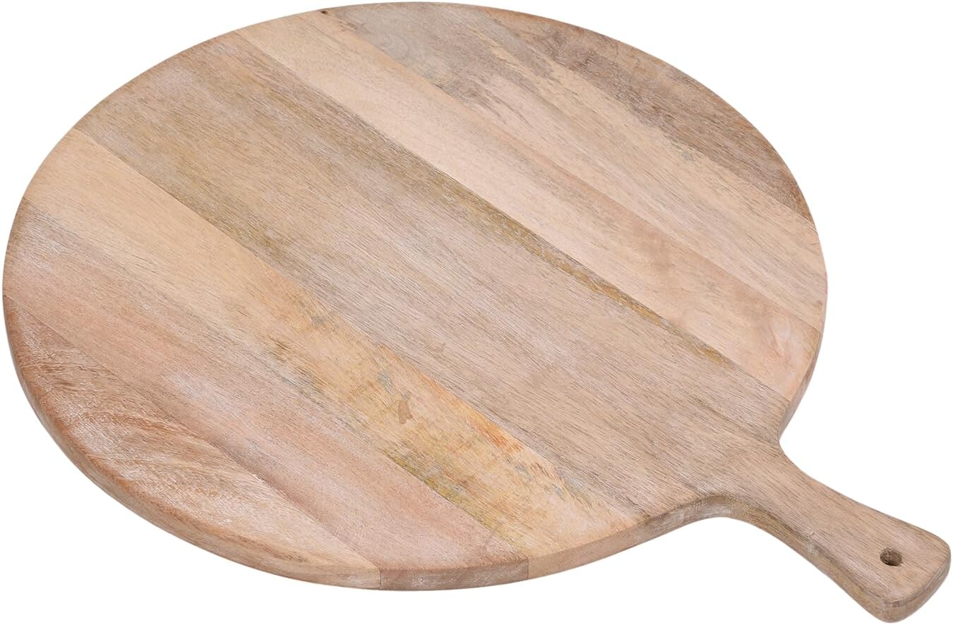 Wood Cutting Board 19in Handmade Round Serving & Chopping Board Paddle with Handle, Premium Home Decor Wooden Cutting Boards for Kitchen Display & Chopping, Light Wood