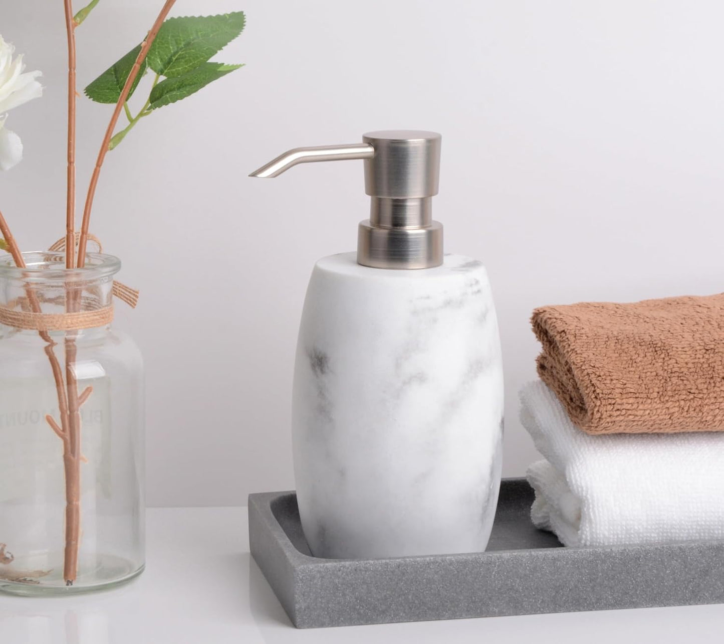 Resin Hand Soap Dispenser, Refillable Soap Dispenser with White Marble Look and Metallic Pump, Waterproof Bottle Labels for Bathroom Kitchen Dish Hand Wash Shower Lotion Shampoo (12 Oz)