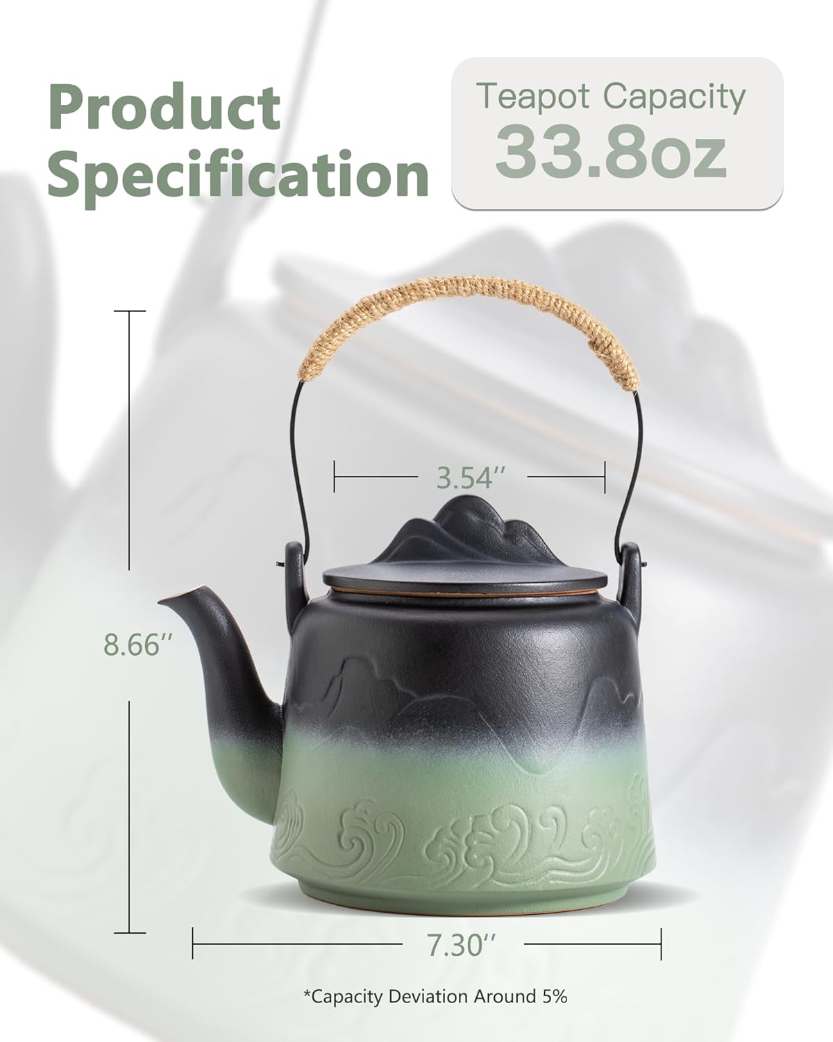 ZENS Vintage Japanese Teapot, 33.8 oz Embossed Ceramic Loose Leaf Teapot with Built-in Strainer for Hot Tea Steeper, Hemp Rope Handle Japanese Tea Brewer Pot for Tea Lovers Gifts