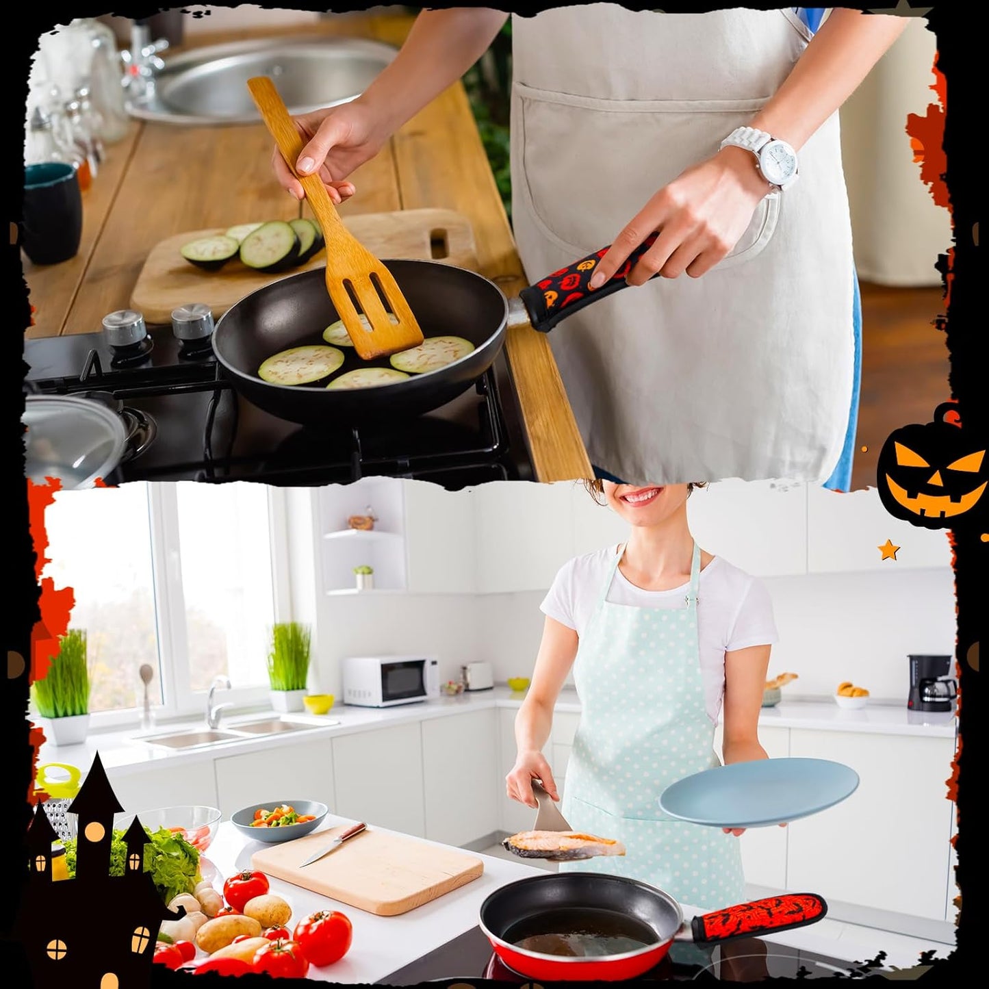 Patelai 8 Pieces Halloween Cast Iron Skillet Handle Covers Pan Handle Holder Sleeve Heat Resistant Non Slip Skillet Pot Holders for Halloween Kitchen Cooking BBQ Baking Cookware, 8 Scary Styles