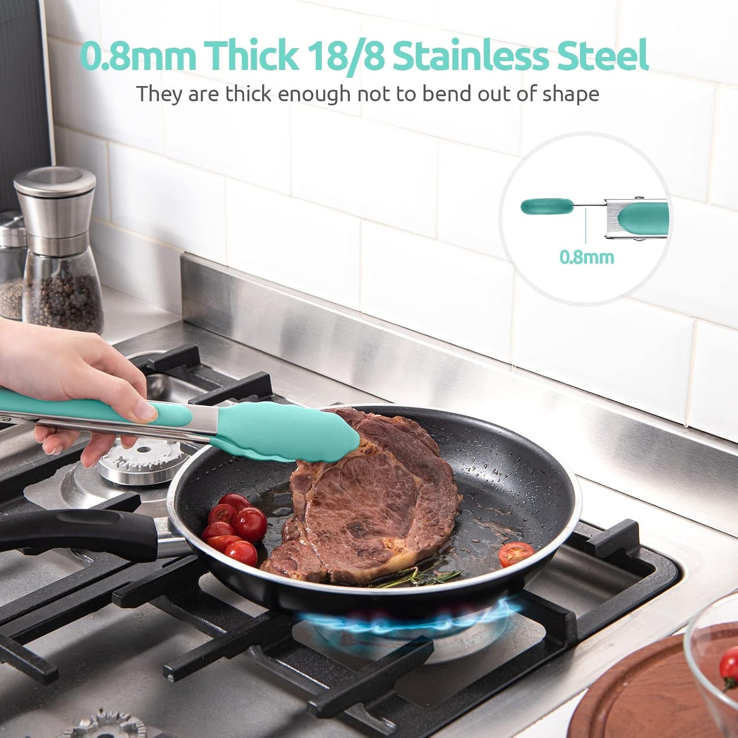 600ºF Heat Resistant Kitchen Tongs: U-Taste 9 inch Silicone Cooking Tong with Firm Sealed Non Stick Rubber Tips & Silicon Coated 18/8 Stainless Steel Handle & Smooth Locking for Serving Salad-Aqua Sky