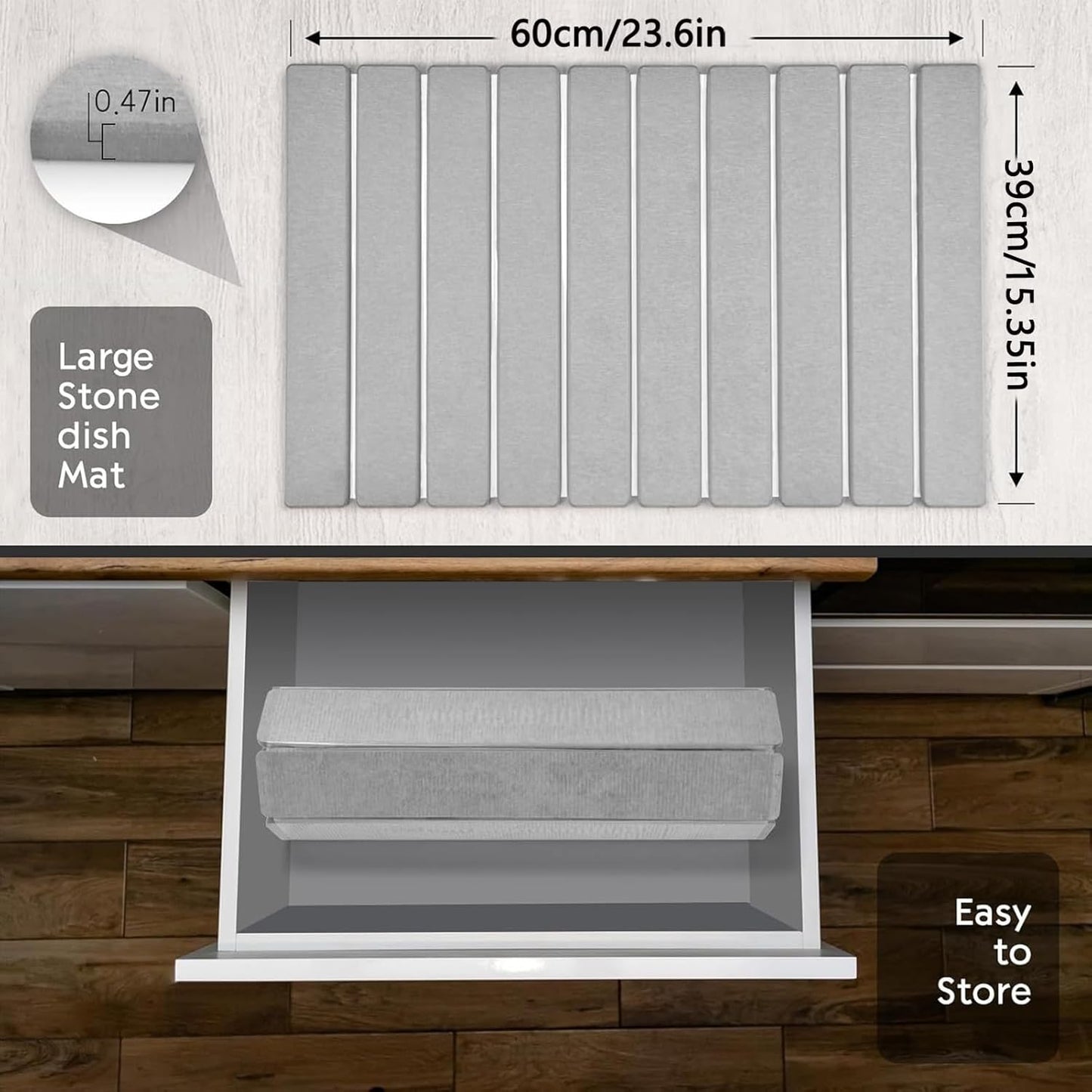 Stone Drying Mat for Kitchen Counter, Stone Dish Drying Mat Foldable, Super Absorbent Diatomaceous Earth Quick-drying Draining Mat for any Kitchen Countertop (Medium Gray B, 23.6”x15.4”)