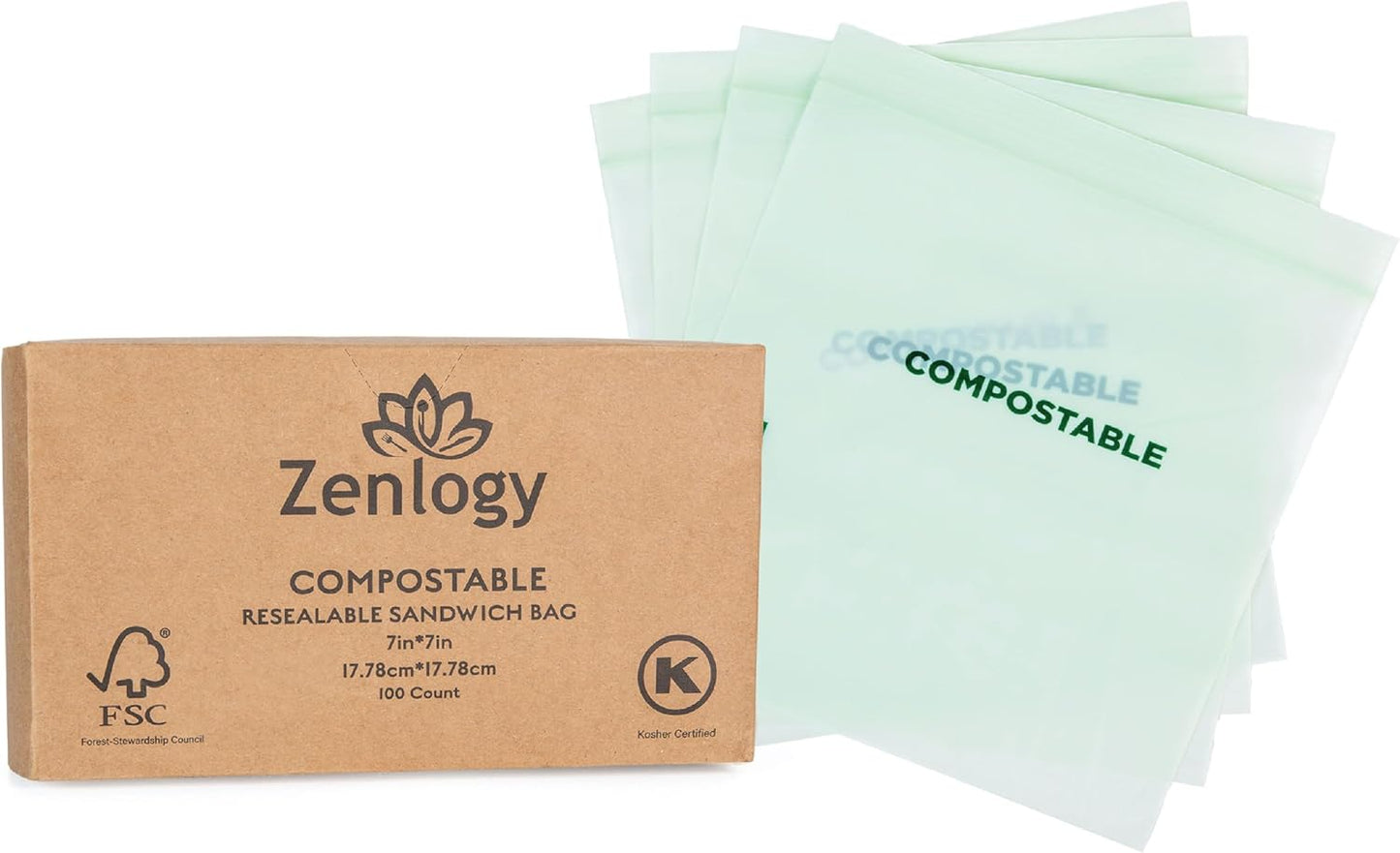 Zenlogy Home Compostable Resealable Sandwich Bags (7"x7"), Microwave & Freezer Safe, Organic Food Storage Container, 100 Count