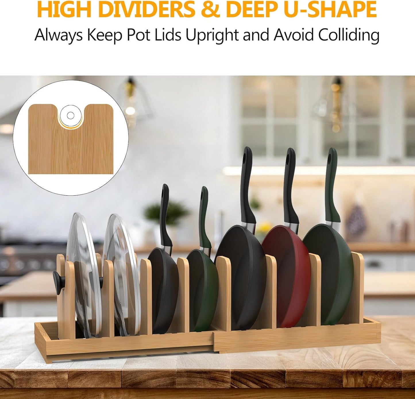 Pots and Pans Organizer Under Cabinet, Bamboo Expandable Pot Lid Organizer Holder Rack with 10 Removable Dividers