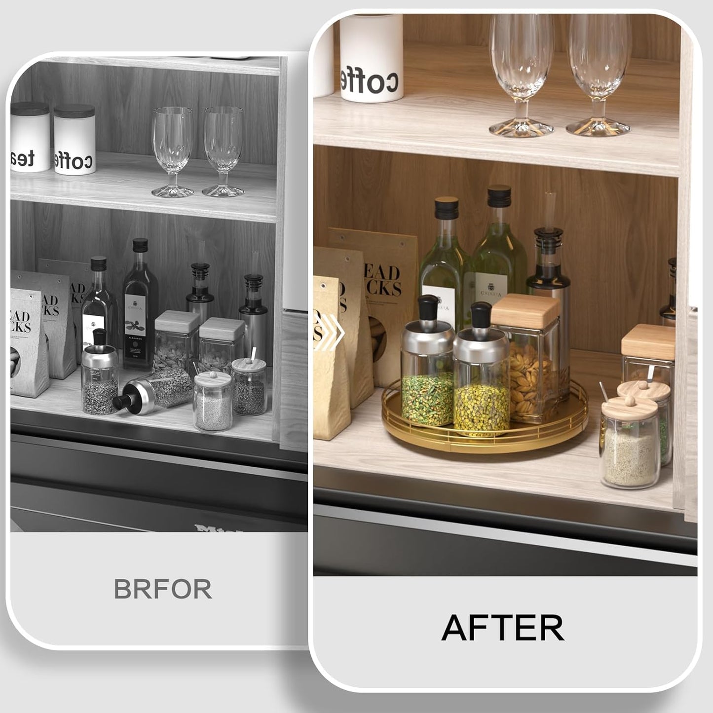 10" Gold Lazy Susan for Table Top, Oak Wood Lazy Susan Turntable Organizer for Dining Coffee Table Centerpiece Bar Decor Kitchen Countertop Bathroom Vanity Decorative Tray for Perfume Jewelry Round