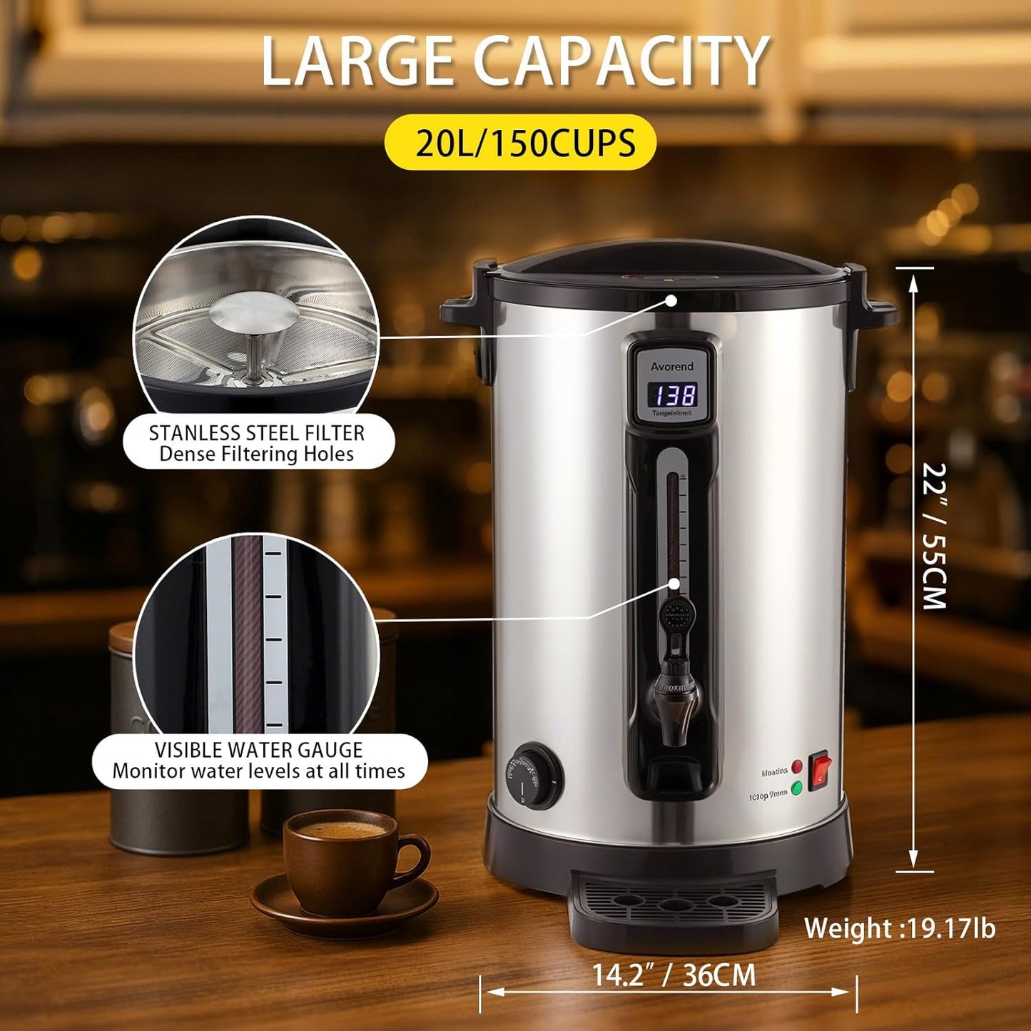 20L Coffee Urn Stainless Steel Double-Wall, 100-Cup Commercial Coffee Maker with Keep-Warm Function, Coffee Pot for Events, Offices, Parties, and Catering
