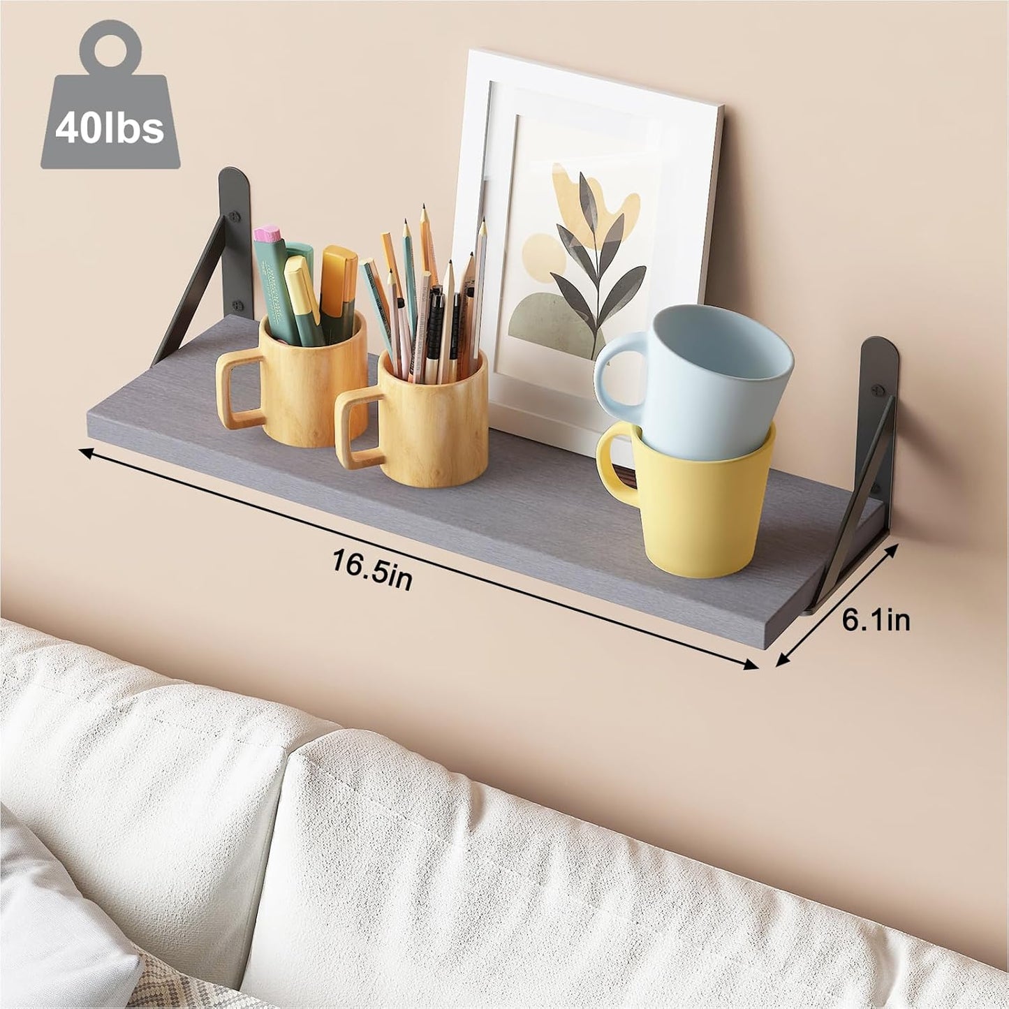 YGEOMER 16.5 Inch Floating Shelves for Wall, Farmhouse Wall Shelves for Bedroom, Bathroom Storage, Living Room and Kitchen Decor (Set of 6 Grey)