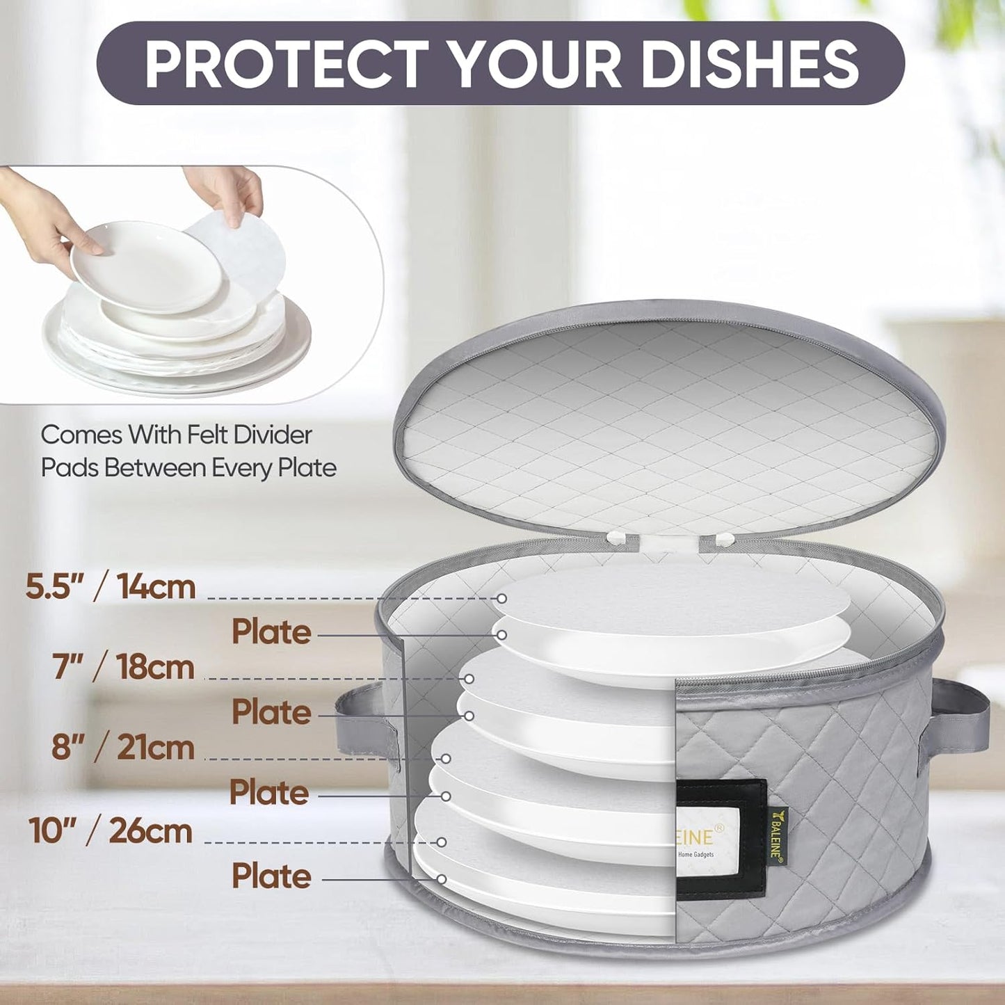 BALEINE China Storage Containers, Sturdy Quilted Wine Glass Storage, Plate Organizer with Carry Handles, Moving Boxes for Dishes, Cups, Mugs and Stemware (Plate Mug Combo, Soft Shell Grey)