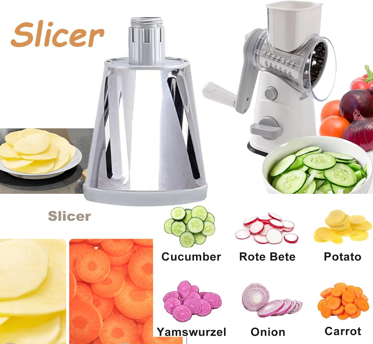 3-in-1 Rotary Cheese Grater Vegetable Slicer, 3 Interchangeable Blades Food Shredder with Anti-Slip Reinforced Suction Base, Kitchen Mandoline Chopper (White)