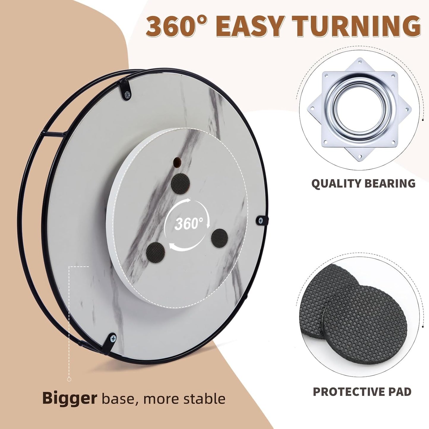 12 Inch White Wood Lazy Susan Turntable for Table, Kitchen Rustic Brown Turntable Organizer with Steel Frame, 360 Degree Decorative Lazy Susan for Countertop Cabinet or Centerpieces