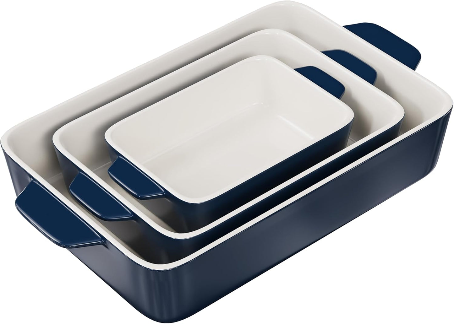 Kook Casserole Dish, Ceramic Baking Dish, Large Lasagna Pan Deep for Oven, 8.5 x 14, 11 x 7, 8 x 5, Set of 3, 92oz, 50oz, 20oz, Baking Pan with Handles, Oven Safe and Durable, Home, Gift, (Navy)