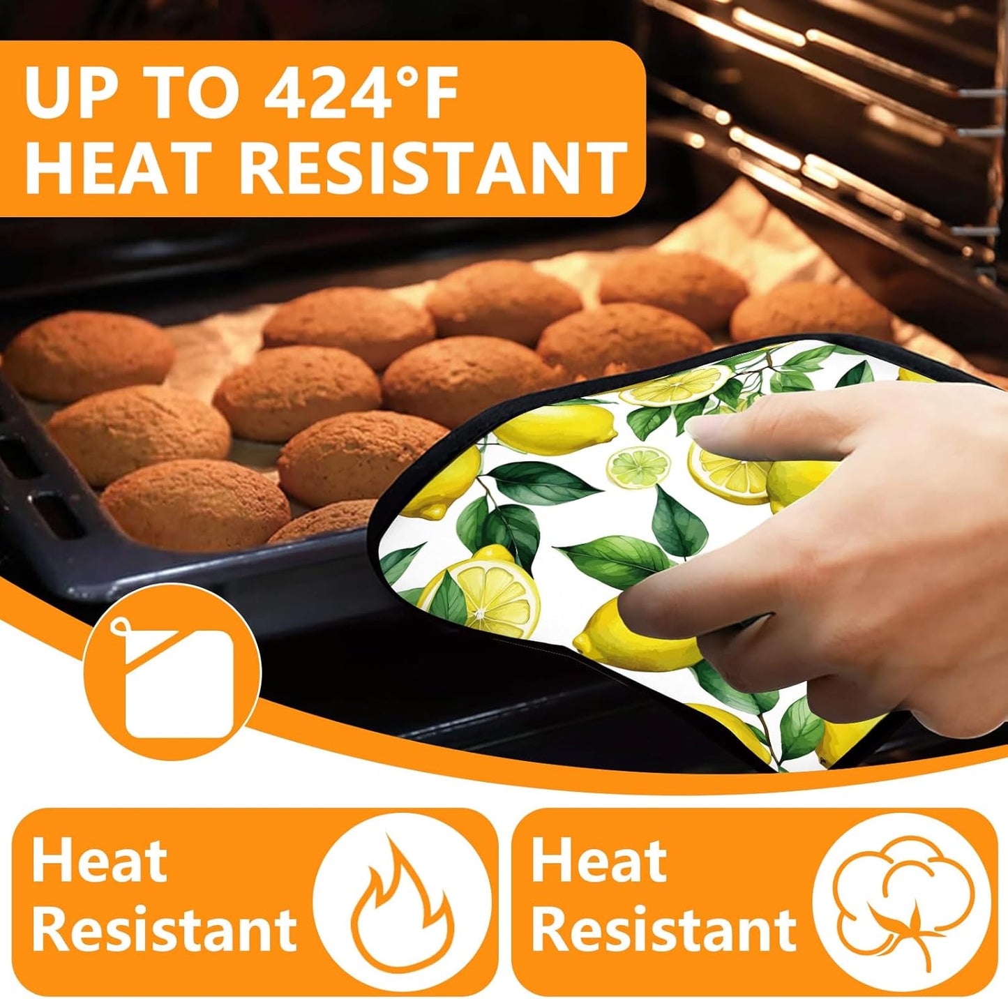 Lemon Oven Mitts and Pot Holders Sets 4Pcs,Extra Long Oven Gloves Potholder for Kitchen Cooking Baking BBQ 100% Cotton Heat Resistant