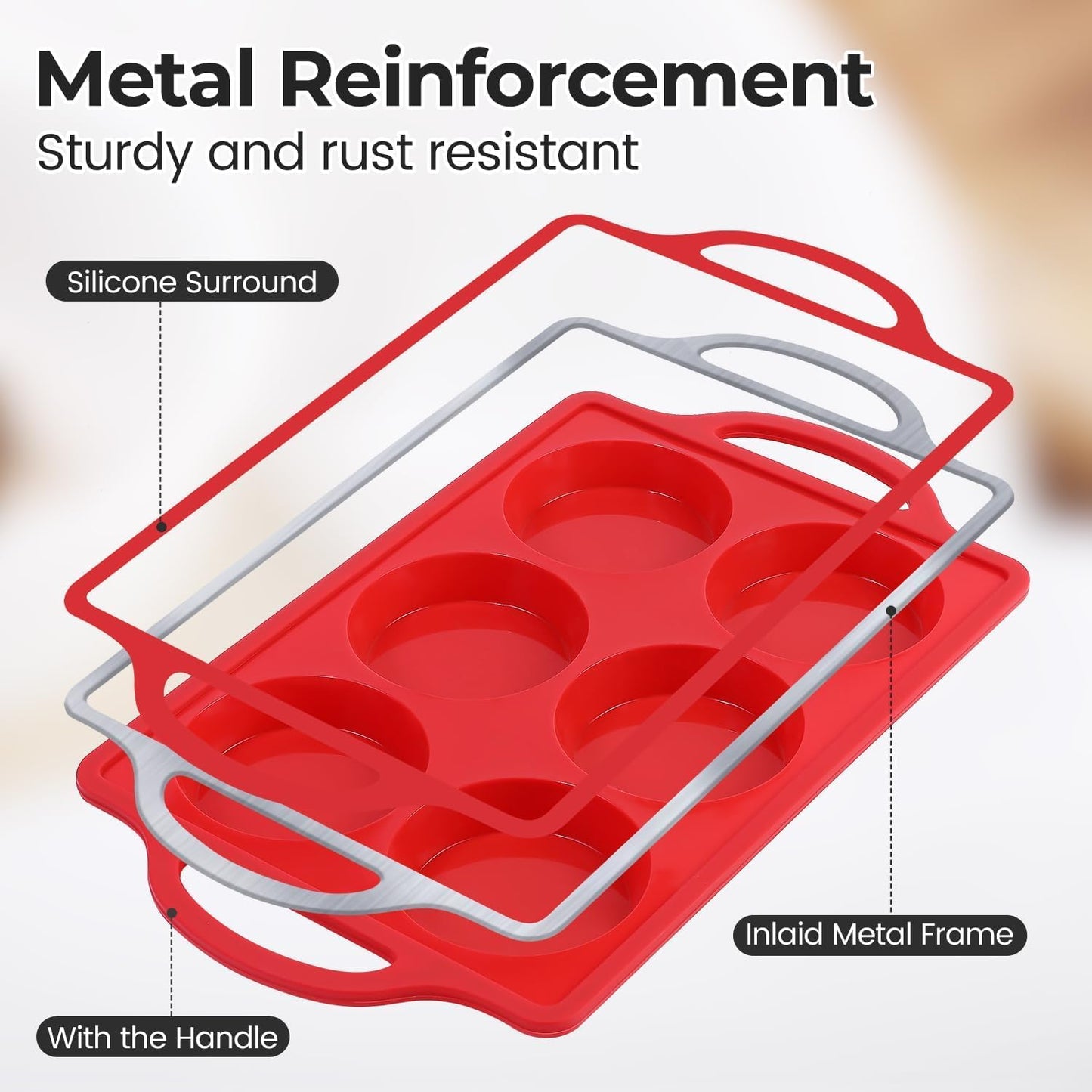 CAKETIME Muffin Top Pan Non Stick, 3 Inch Metal Reinforced Frame Silicone Egg Molds for Breakfast Sandwiches Round Silicone Baking Pan for English Muffins, Whoopie Pies, Corn Bread, Egg Bites, Tarts