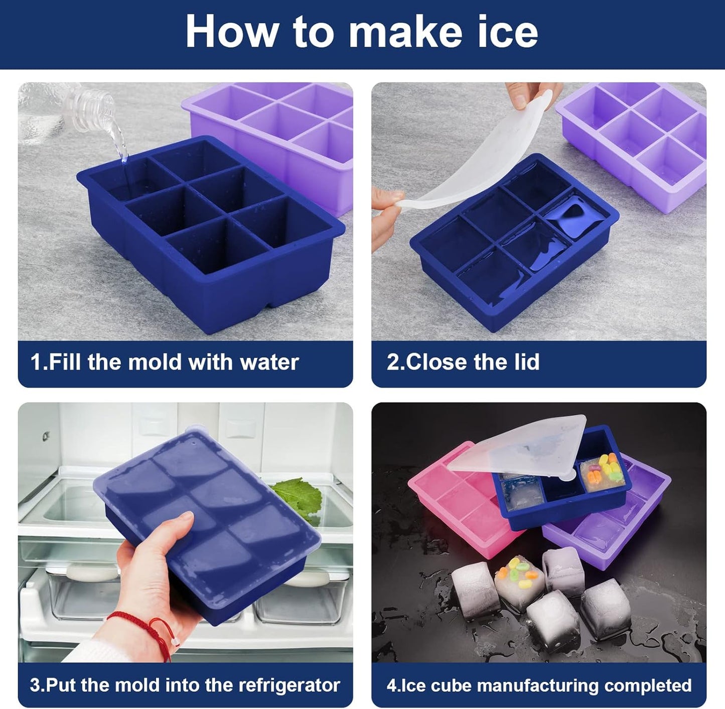 Silicone Ice Cube Trays 3 Pack - Large Size Silicone Ice Cube Molds with Leak Proof Removable Lid Square Ice Cube Tray And BPA Free for Cocktail,Whiskey, Stackable Flexible Ice