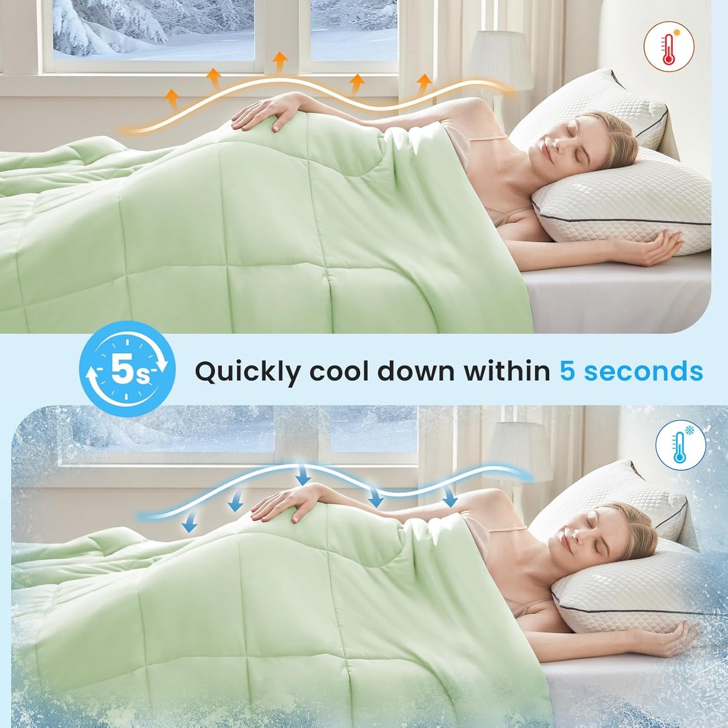 HYLEORY Cooling Comforter King Size - Summer Cooling Blanket for Hot Sleepers/Night Sweats, Double-Sided Cold Touch Silky Ice Comforters, Breathable Lightweight Beddings, Cool Green, 108"x90"