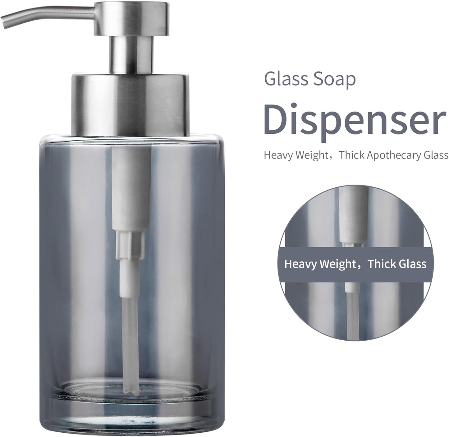 Enra Thick Glass Soap Dispenser with Stainless Steel Pump, 12oz Bathroom & Kitchen (Silver)