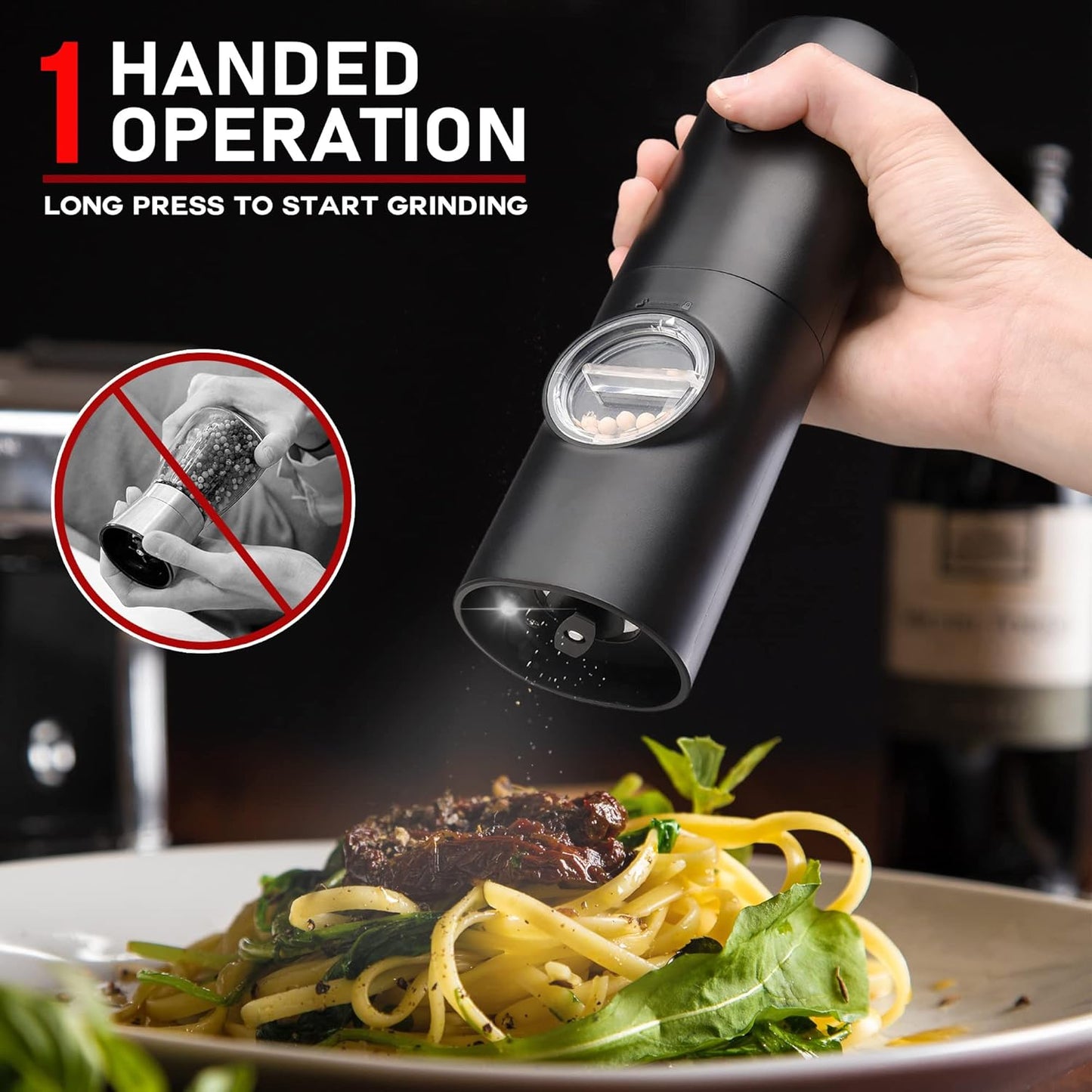 Electric Salt and Pepper Grinder Set of 2, Automatic Pepper Mill,USB Rechargeable, Adjustable Coarseness, One-handed Operation, Ceramic Burr, Refillable, Auto Grinders with Charging Base LED Light