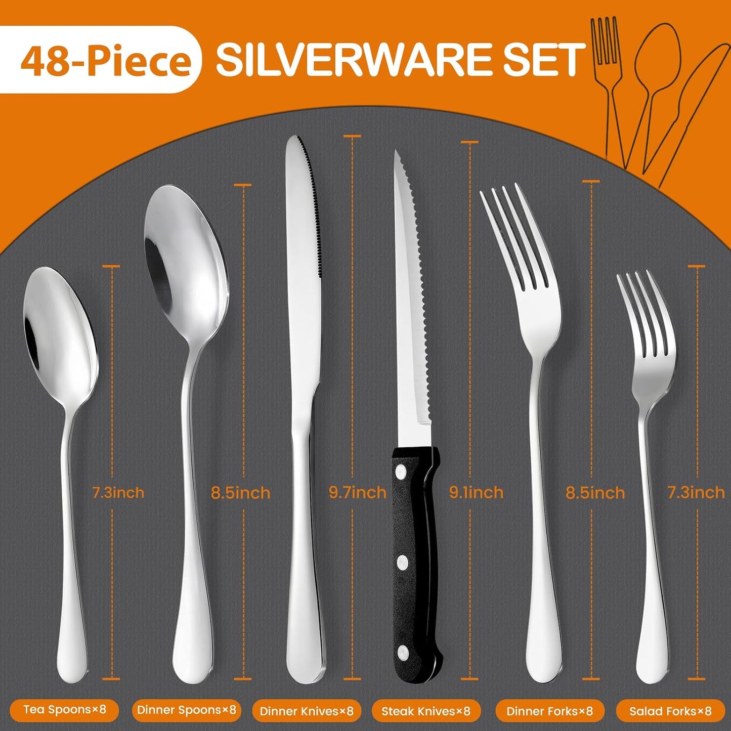 49 Piece Silverware Set with Organizer - Stainless Steel Cutlery Set for 8, kitchen Utensil Flatware with Steak Knives, Spoons and Forks, Dishwasher Safe, Rust-proof & Mirror Polished
