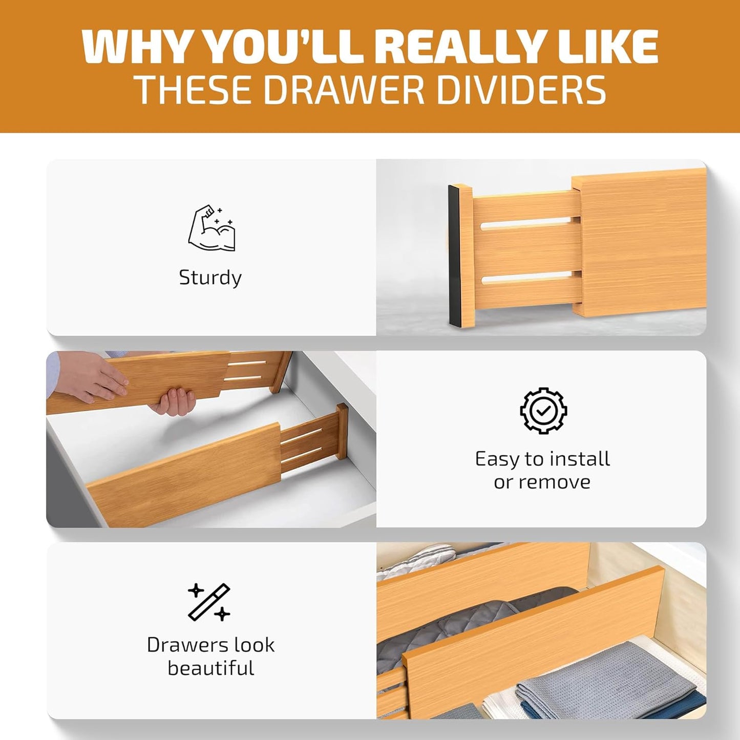 6 Pack Drawer Dividers 6 Inch High, 11”-17" Adjustable Bamboo Organizers Large Expandable Drawer Separators for Cloths, Dresser, Bedroom, Bathroom, Baby Drawer, Office & Kitchen Utensils (Natural)