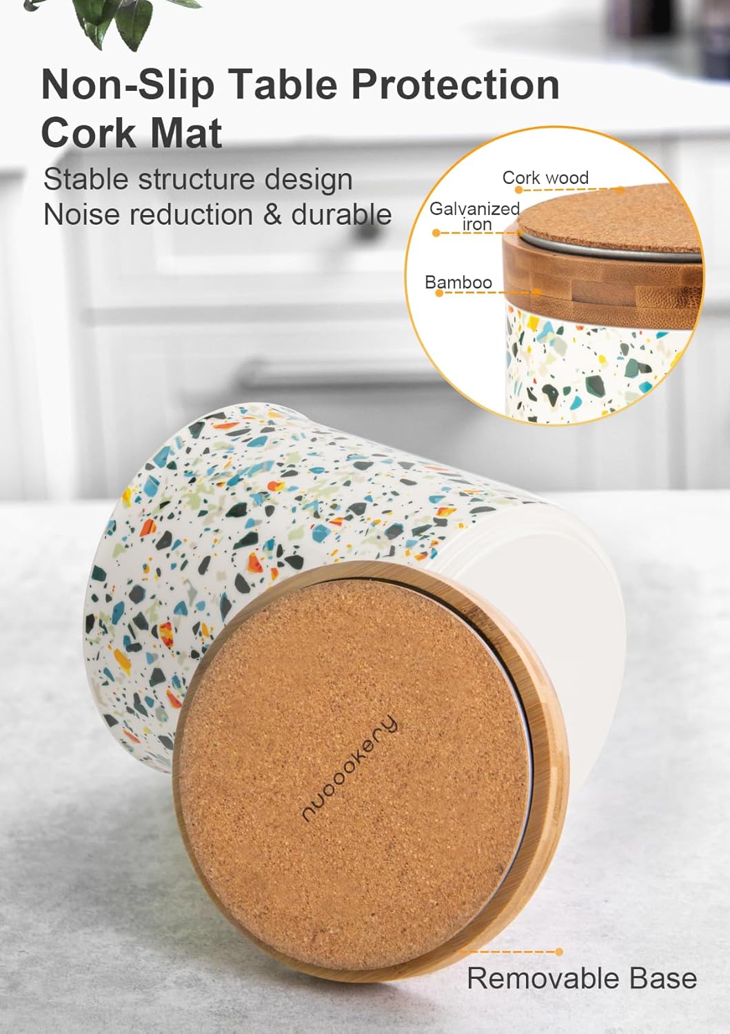 Nucookery 360°Rotating Utensil Holder, 7.2" Kitchen Utensil Crock, Ceramic Cooking Utensil Organizer with Countertop-Protection Cork Bottom for Farmhouse Kitchen Decor Christmas (Marble Pattern)