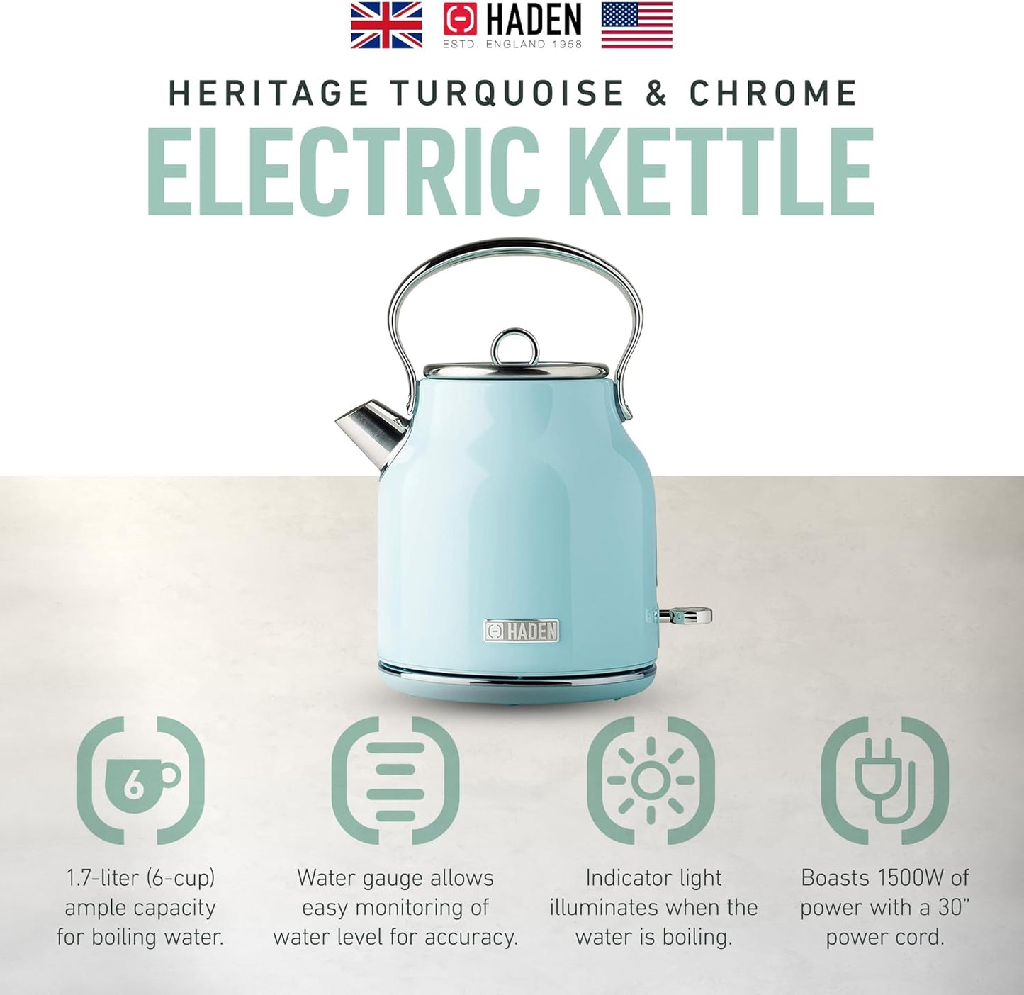 Haden Heritage 1.7 Liter Stainless Steel Electric Kettle, Hot Water Kettle with 360-Degree Base and Auto Shutoff, Turquoise & Chrome