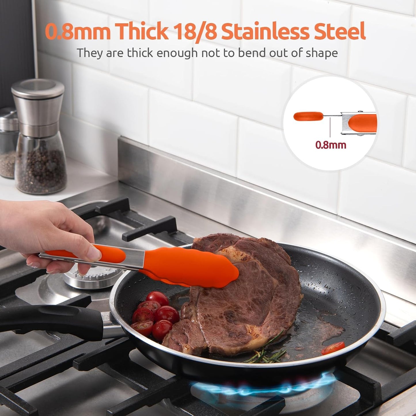 480ºF Heat Resistant Kitchen Tong: U-Taste 7 inch Silicone Cooking Tong with Firm Sealed Non Stick Rubber Tips & Silicon Coated 18/8 Stainless Steel Handle & Smooth Locking for Serving Salad (Orange)
