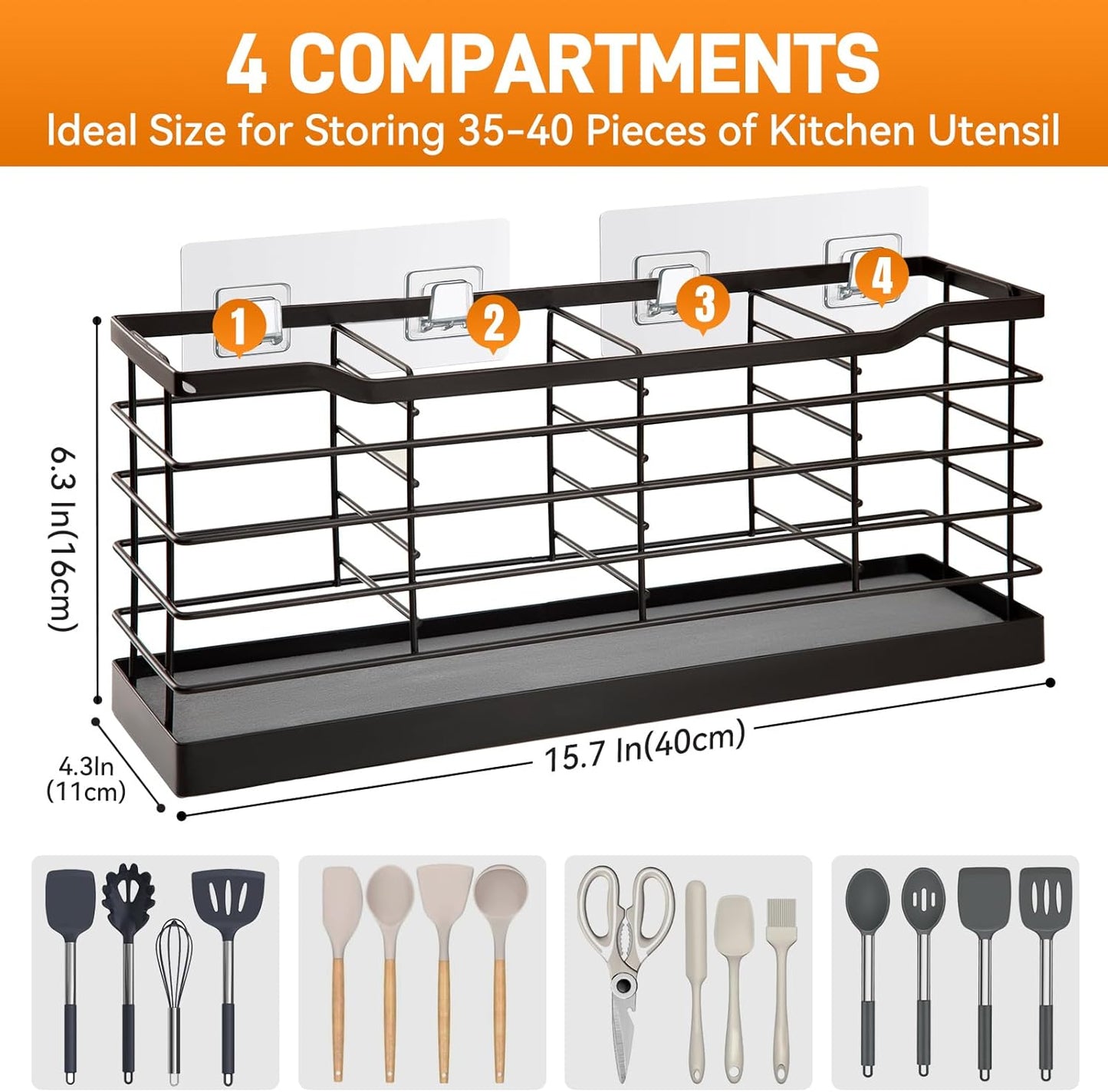 Large Utensil Holder for Kitchen Countertop,Cookware Organizer Dryer with Diatomaceous Earth Base,Cooking Tools Storage for Kitchen Counter,Metal Matte Black(4 Compartments)