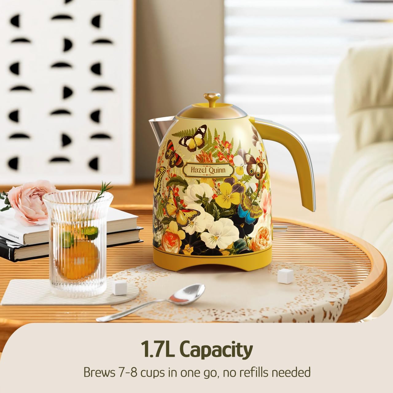 Hazel Quinn X Eduardo Recife Collaboration Electric Kettle - 1.7 Liters (57oz) Stainless Steel Water Kettle, BPA-Free Interior, 1200W Fast Boiling, Cordless, Automatic Shut Off - Floral Printed