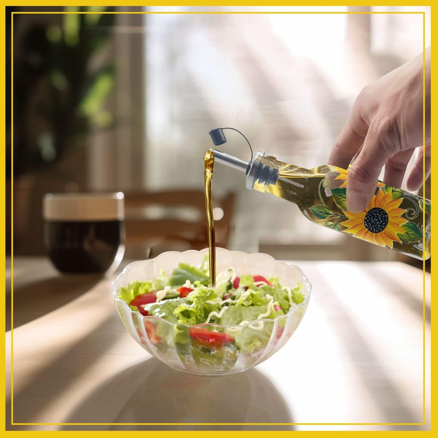 7oz Hand Painted Glass Olive Oil Bottle Dispenser - 200ml Green Oil & Vinegar Cruet with Pourers - Olive Oil Carafe Decanter for Kitchen (Sunflower)