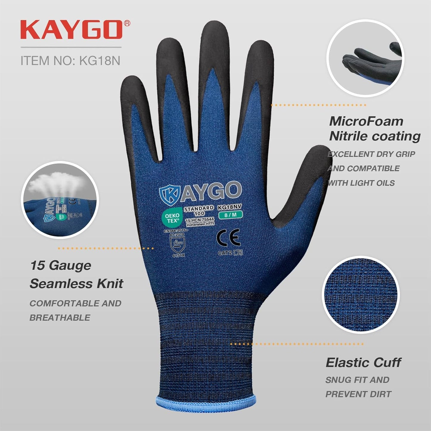 KAYGO Safety Work Gloves MicroFoam Nitrile Coated-12 Pairs, KG18NB,Seamless Knit Nylon Glove with Black Micro-Foam Nitrile Grip,Ideal for General Purpose,Automotive,Home Improvement, Dark Blue, M