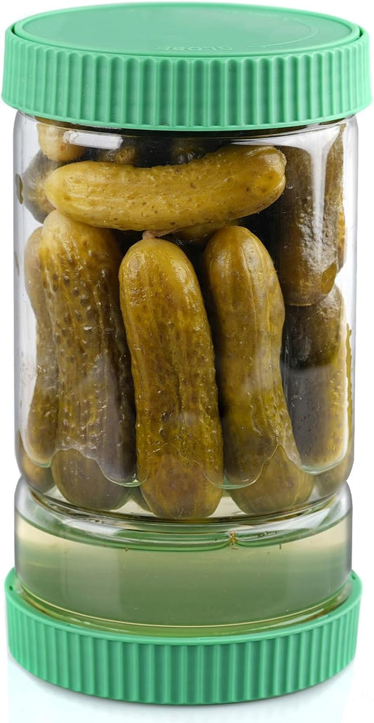 Glass Pickle Jar with Strainer Flip, 40oz Hourglass Airtight Container, Easy Open Refrigerator Storage Pickles Juice Separator for Olive Jalapeno Gherkin, Green