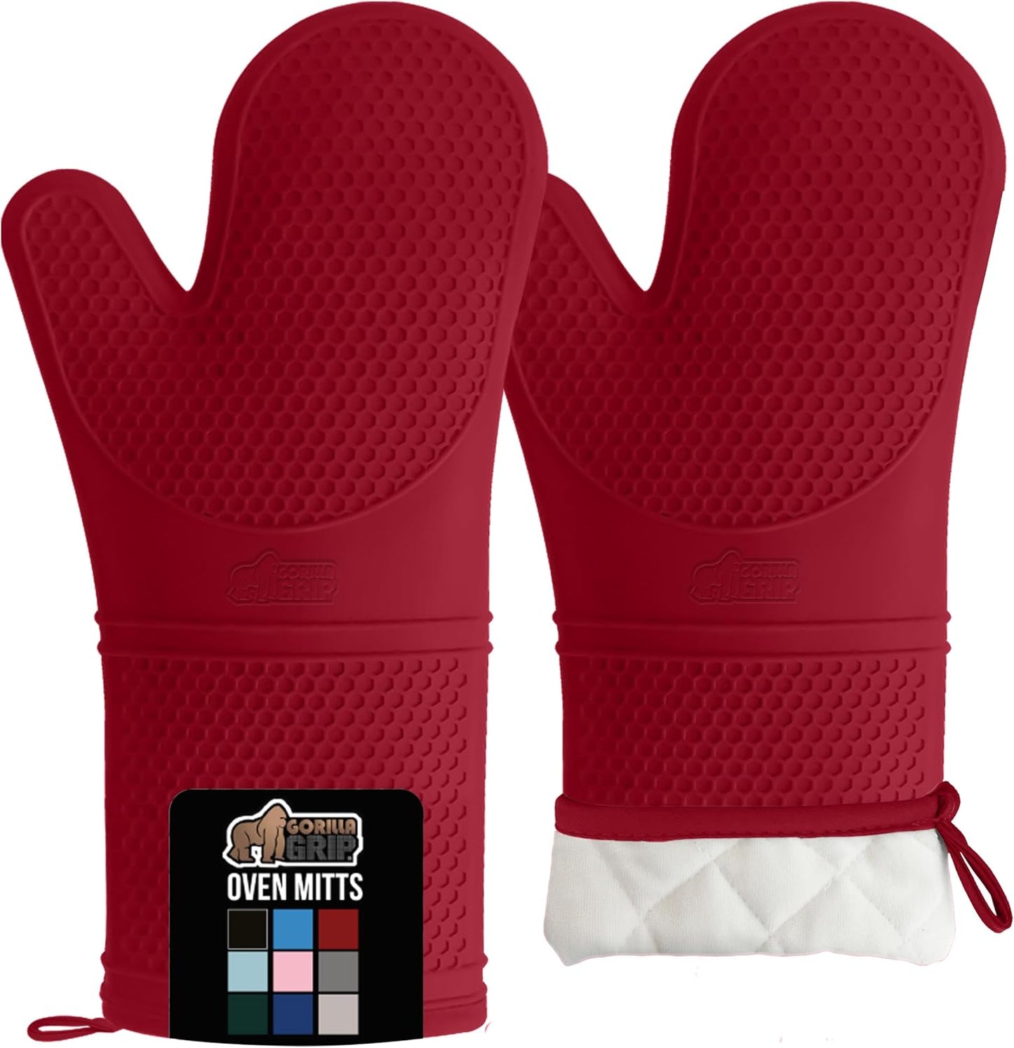 GORILLA GRIP BPA-Free Soft Silicone Oven Mitts, 14.5x8.3, Heat Resistant and Waterproof Cooking Gloves, Thick Cotton Lining, Flexible Gripping for Baking Grilling, Kitchen Potholders Set of 2, Red