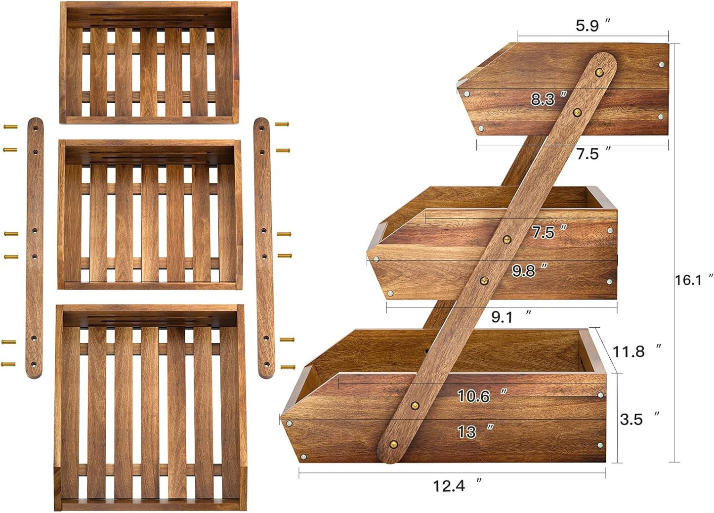 G.a HOMEFAVOR Fruit Basket: 3-Tier Acacia Wood Fruit Bowl for Kitchen, Fruit Stand Storage Holder for Vegetables and Snack Home Kitchen Countertop Organizer (Self-assembly)